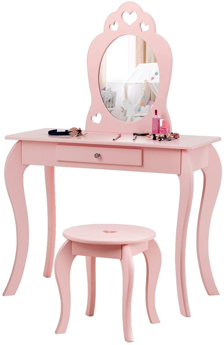 Fireflowery 2-in-1 Detachable Vanity Table with Mirror & Drawer for Girls, Pink/White