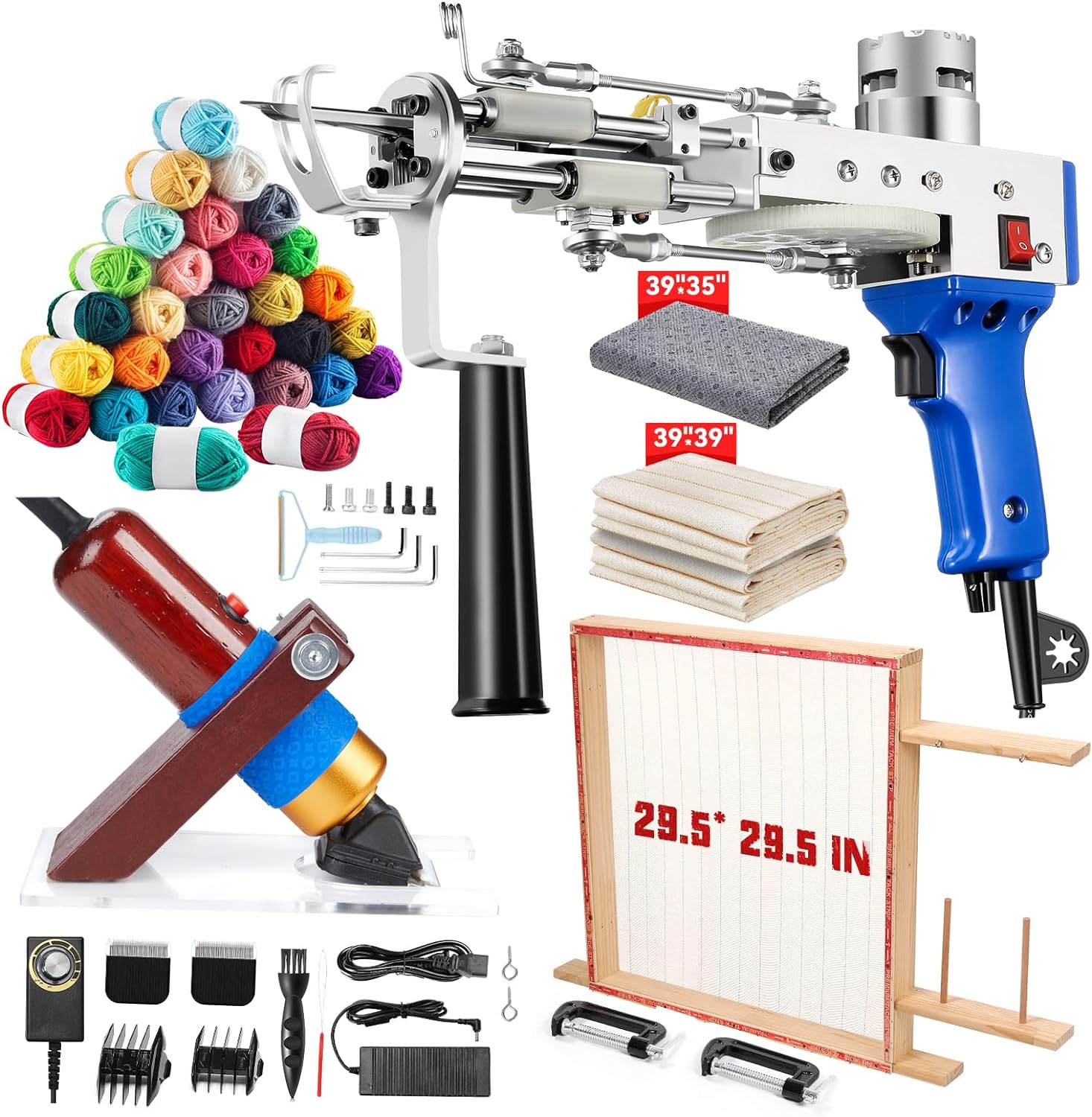Riiai Tufting Gun Starter Kit 2024 – Includes Frame 29.5′′x29.5′′, Cut & Loop Pile Gun, 200W Carpet Trimmer – Blue/Mahogany