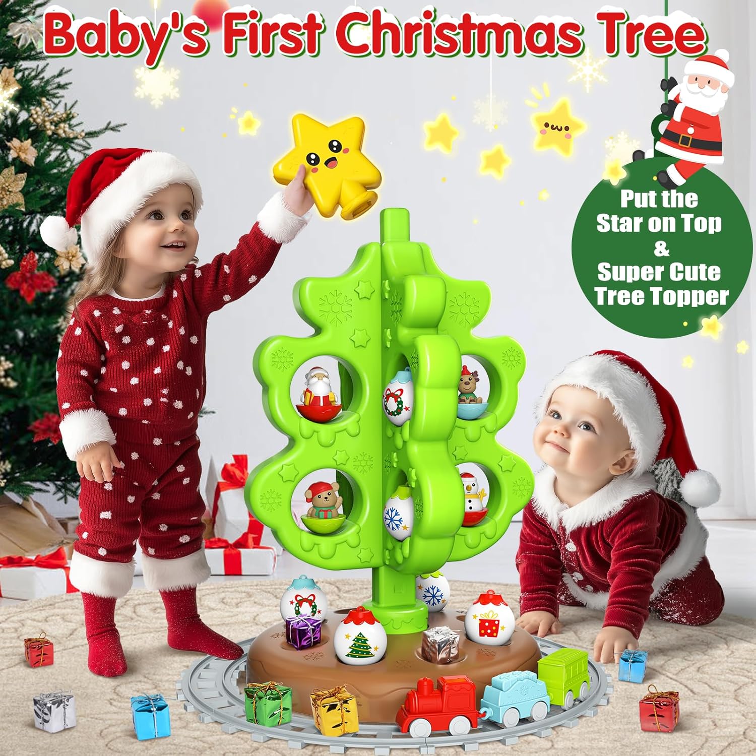 HONG KAI My First Christmas Tree Set for Kids with Train & Ornaments, Safe Toddler Holiday Decoration, Ages 2-4