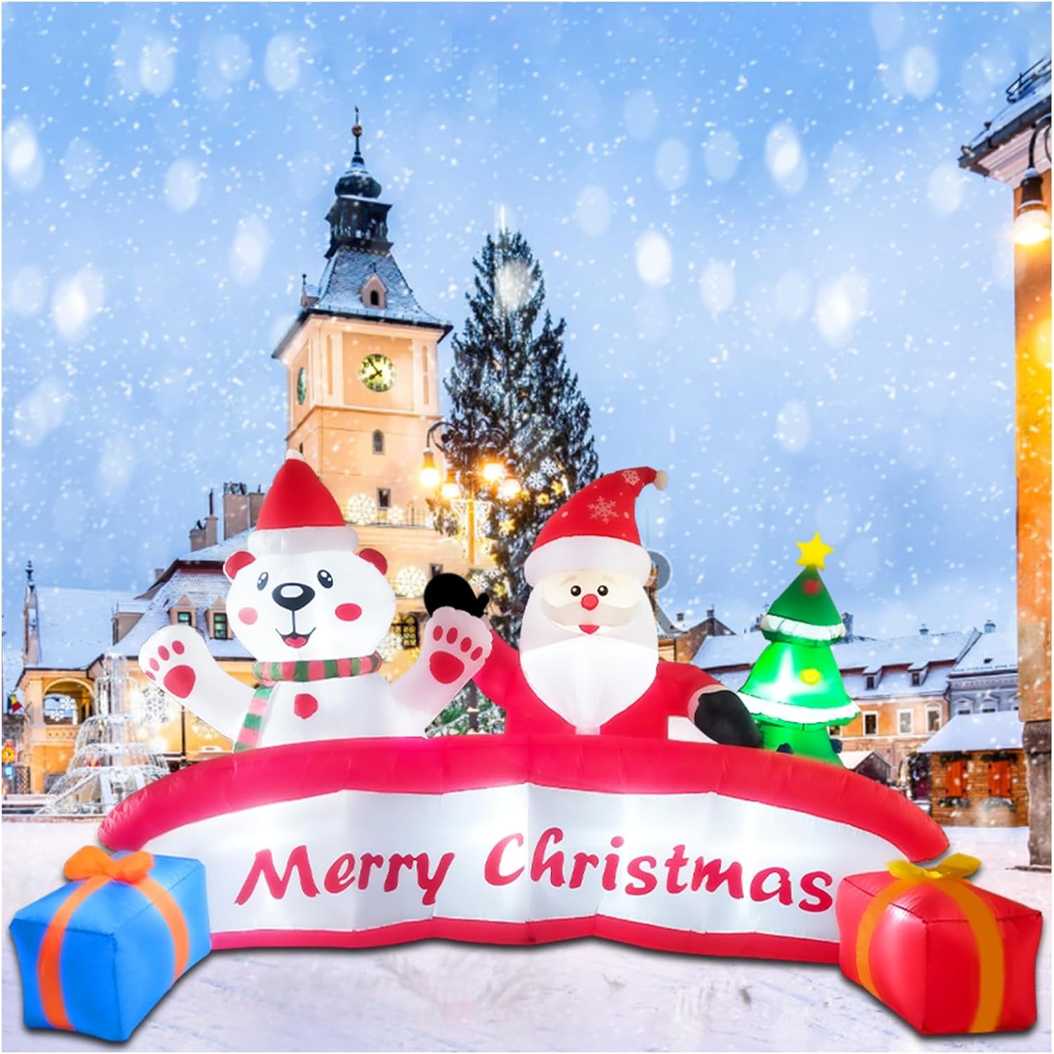 OILCUP 10FT Christmas Inflatable with Santa & Polar Bear, LED Lit Outdoor Yard Decoration