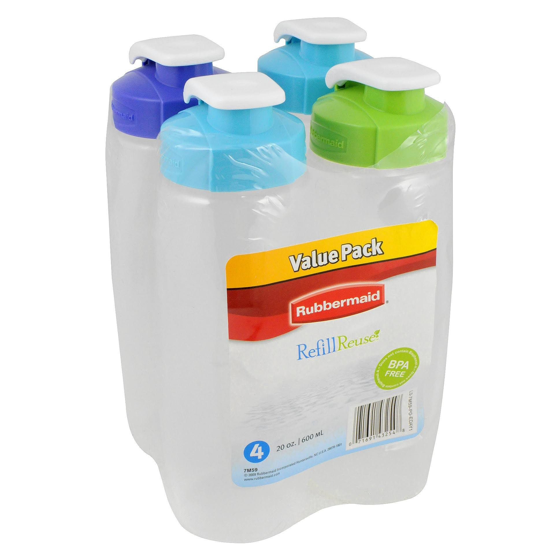 Rubbermaid 20 oz Refill Reuse Chug Water Bottles, Leak-Proof, Blue/Green Lids, 4 Pack