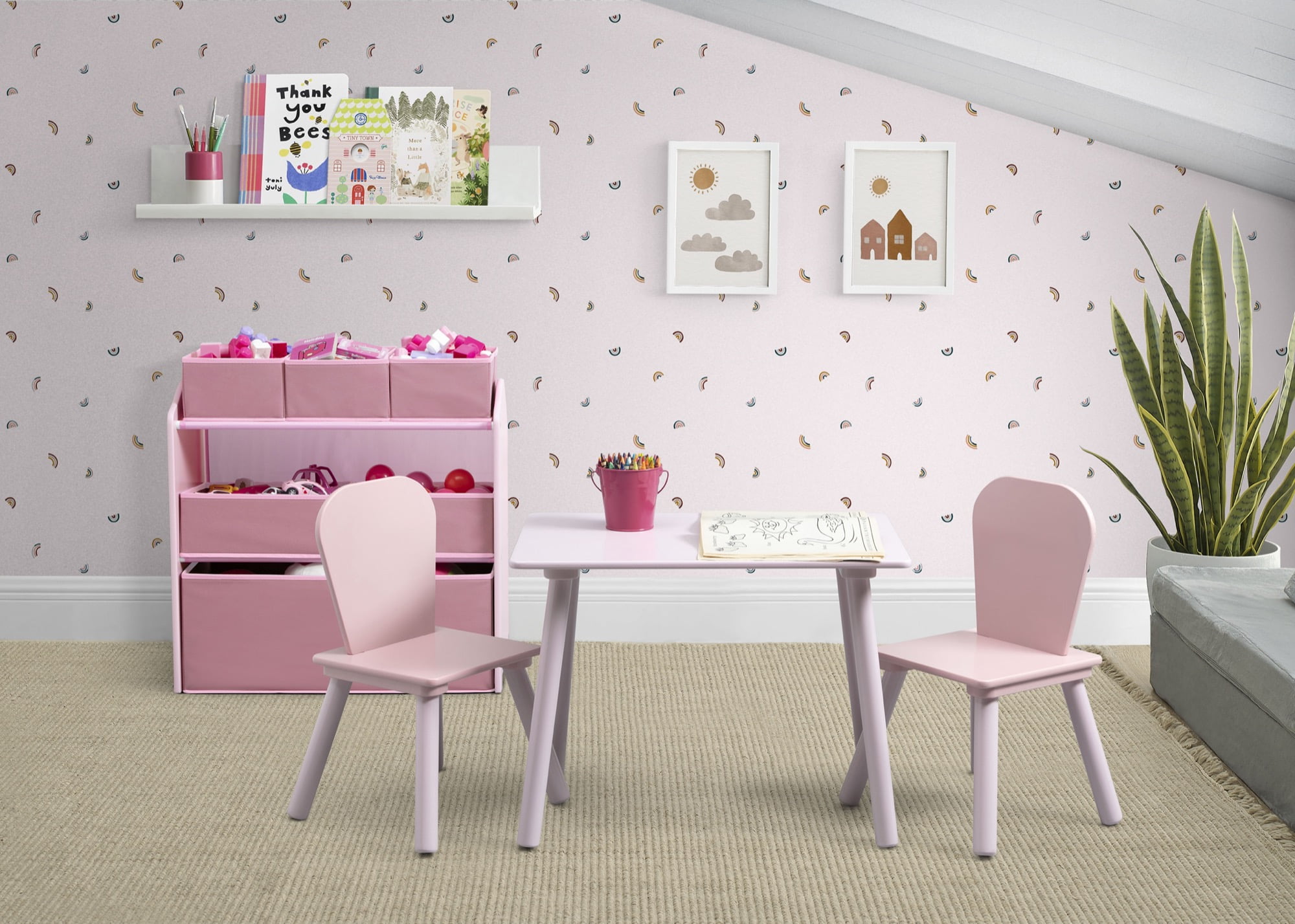 Delta Children Toddler Playroom Set: Table, 2 Chairs & 6-Bin Organizer with Stickers, Pink