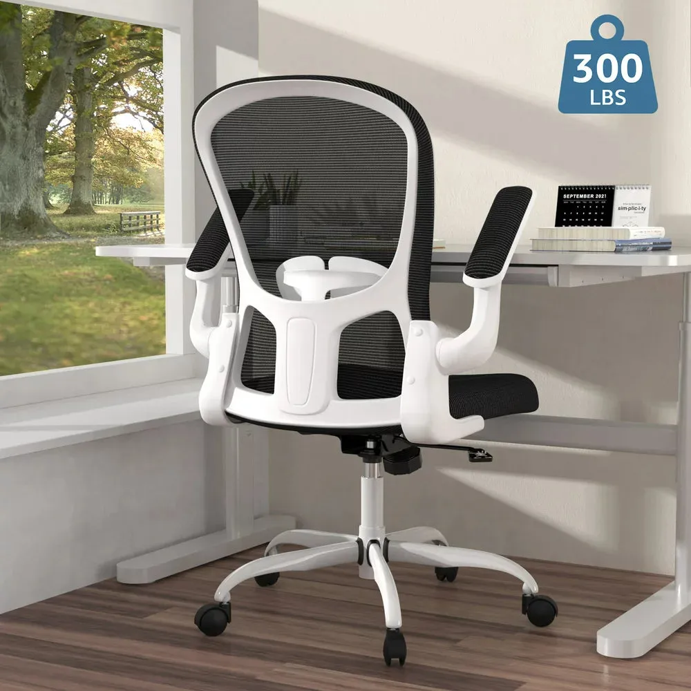 Silybon Ergonomic Office Chair, Adjustable Height with Flip-Up Arms, Breathable Mesh, 300 lbs Capacity, White