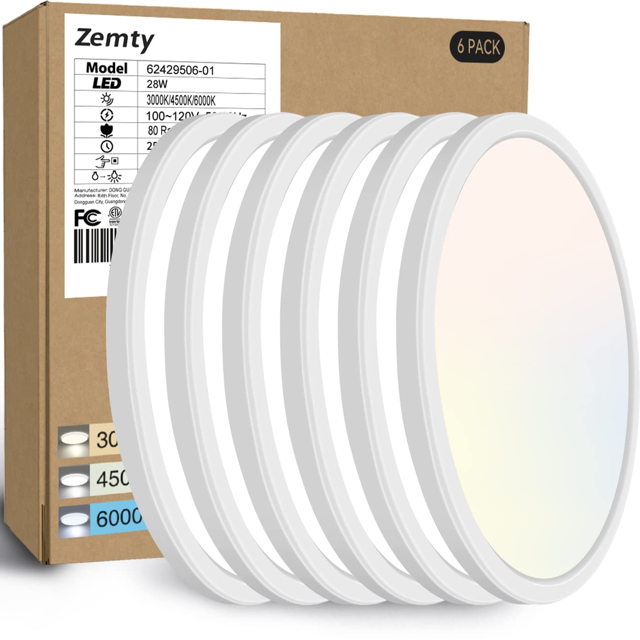 Zemty 12′′ LED Flush Mount Ceiling Light, 28W 3200lm, Adjustable Color Temp, Modern, 6 Pack