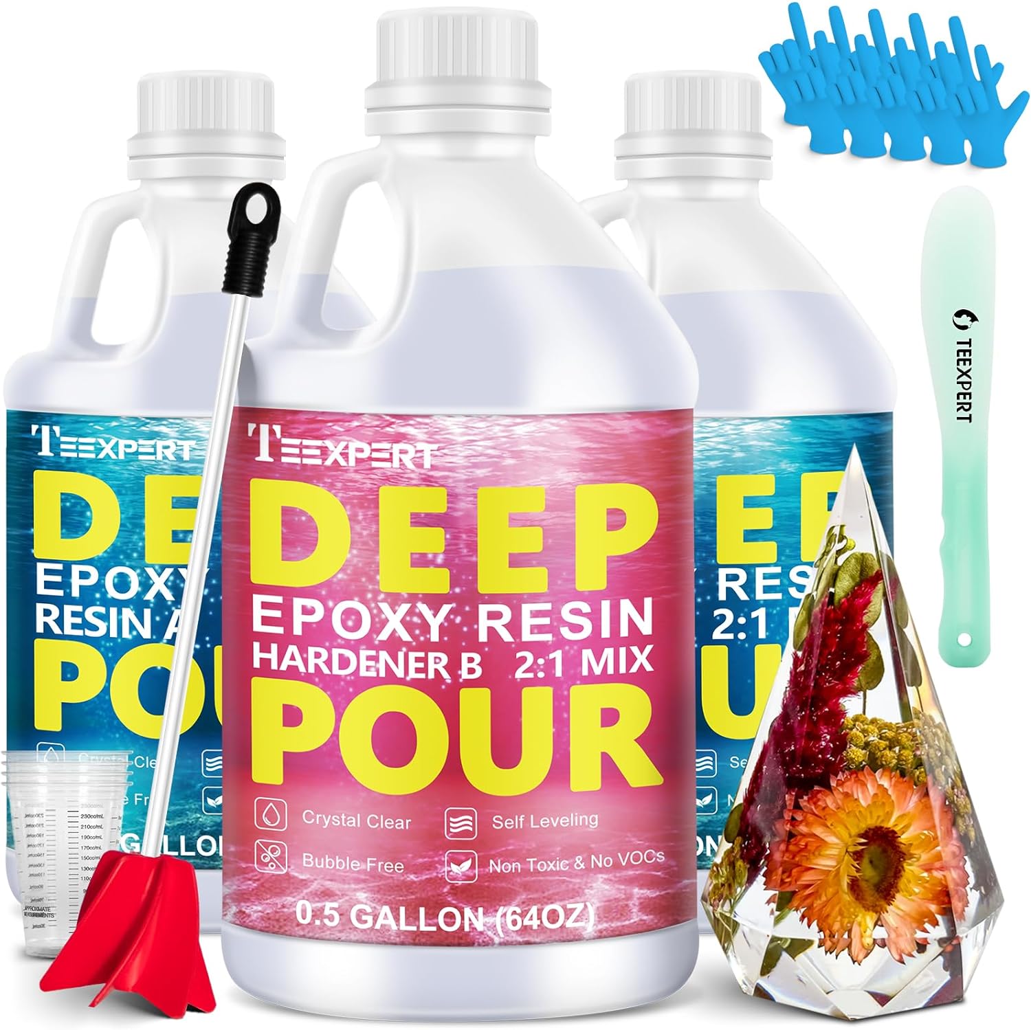 Crystal Clear Deep Pour Epoxy Resin Kit – 2-4′′ Pour Depth, High Gloss, Bubble-Free, Ideal for River Tables & Crafts, 2:1 Mix, 4.5 Gallon Total