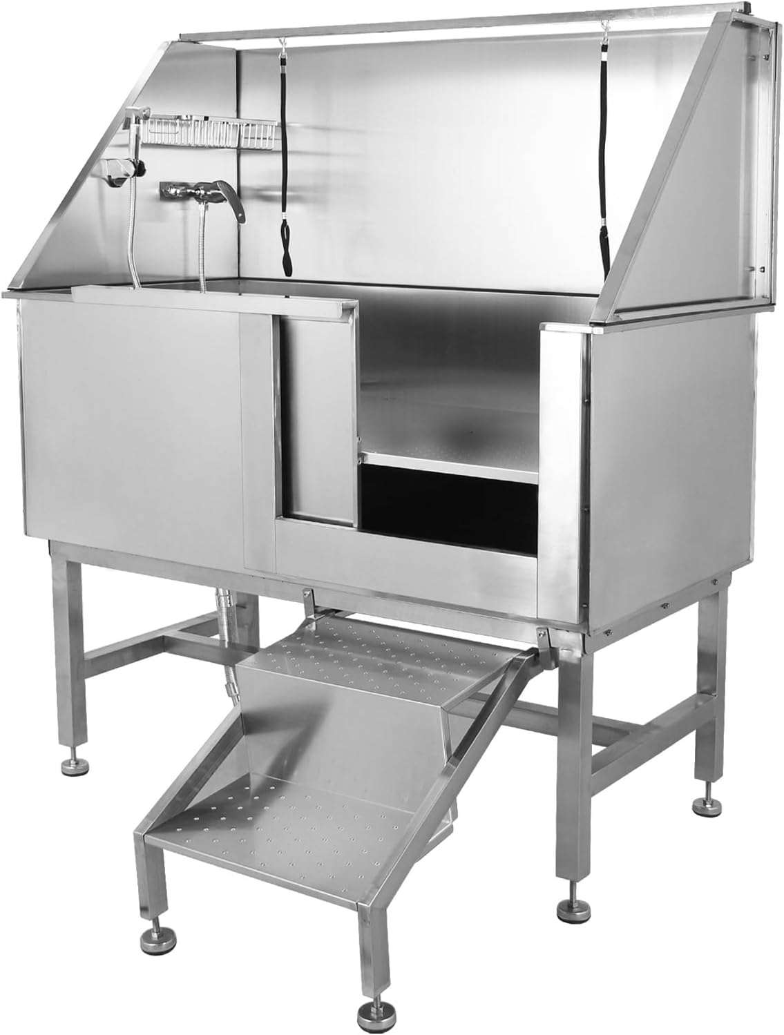 Professional Stainless Steel Dog Grooming Tub with Ramp, Faucet & Sprayer – 50” Pet Wash Station