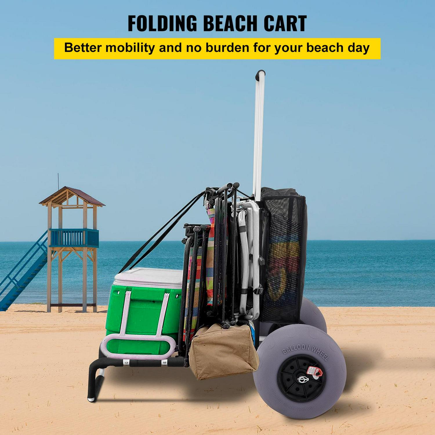 BENTISM Beach Cart for Sand, 165 lbs Capacity, Foldable, Adjustable Handle, 13′′ Balloon Wheels, Black