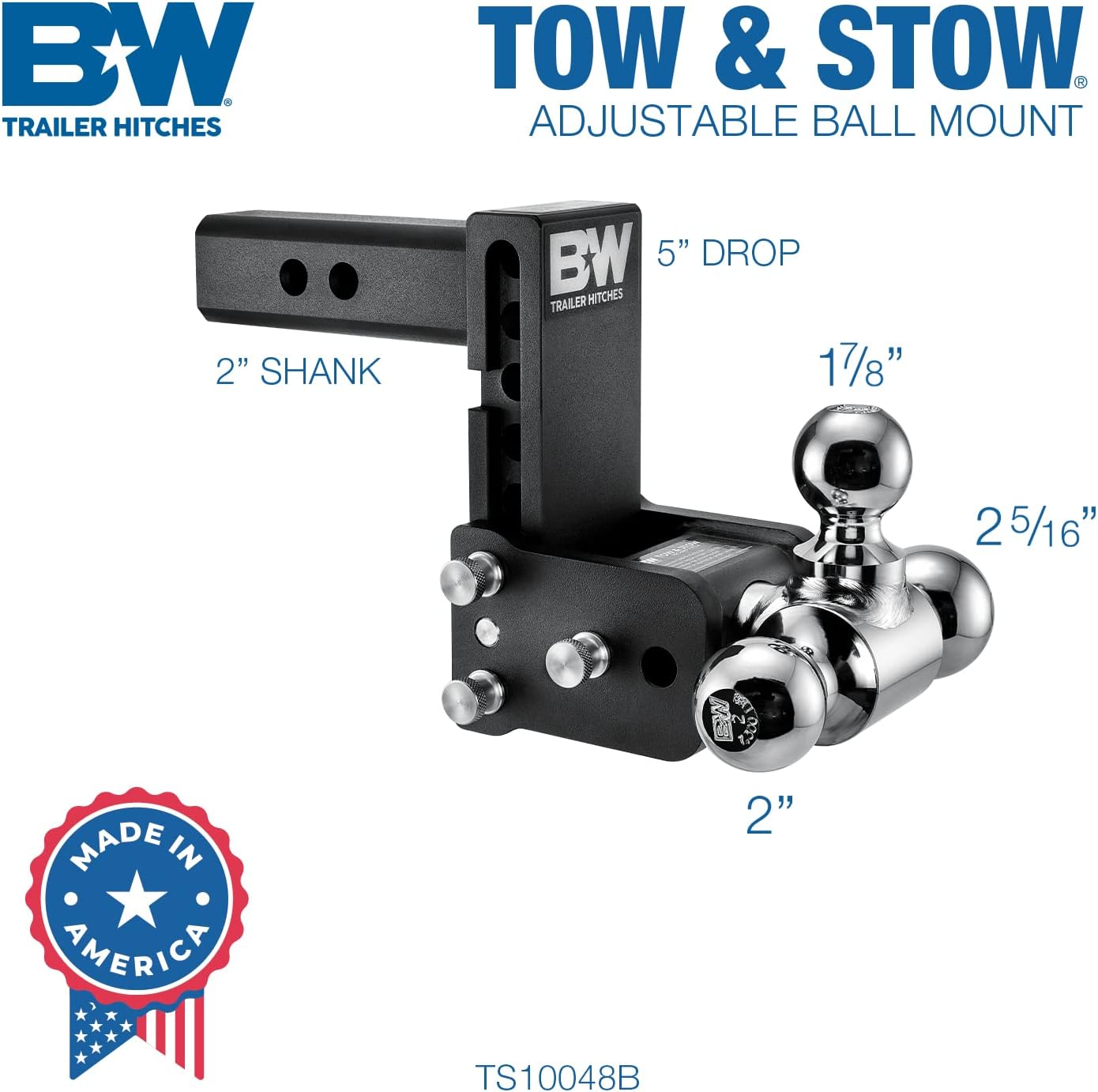 B&W Tow & Stow Adjustable Trailer Hitch Ball Mount, Tri-Ball, 5′′ Drop, 10,000 lbs GTW, Fits 2′′ Receiver, Model TS10048B