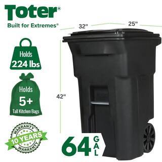 Toter 64 Gallon Black Outdoor Trash Can with Wheels & Lid, Durable & Recyclable