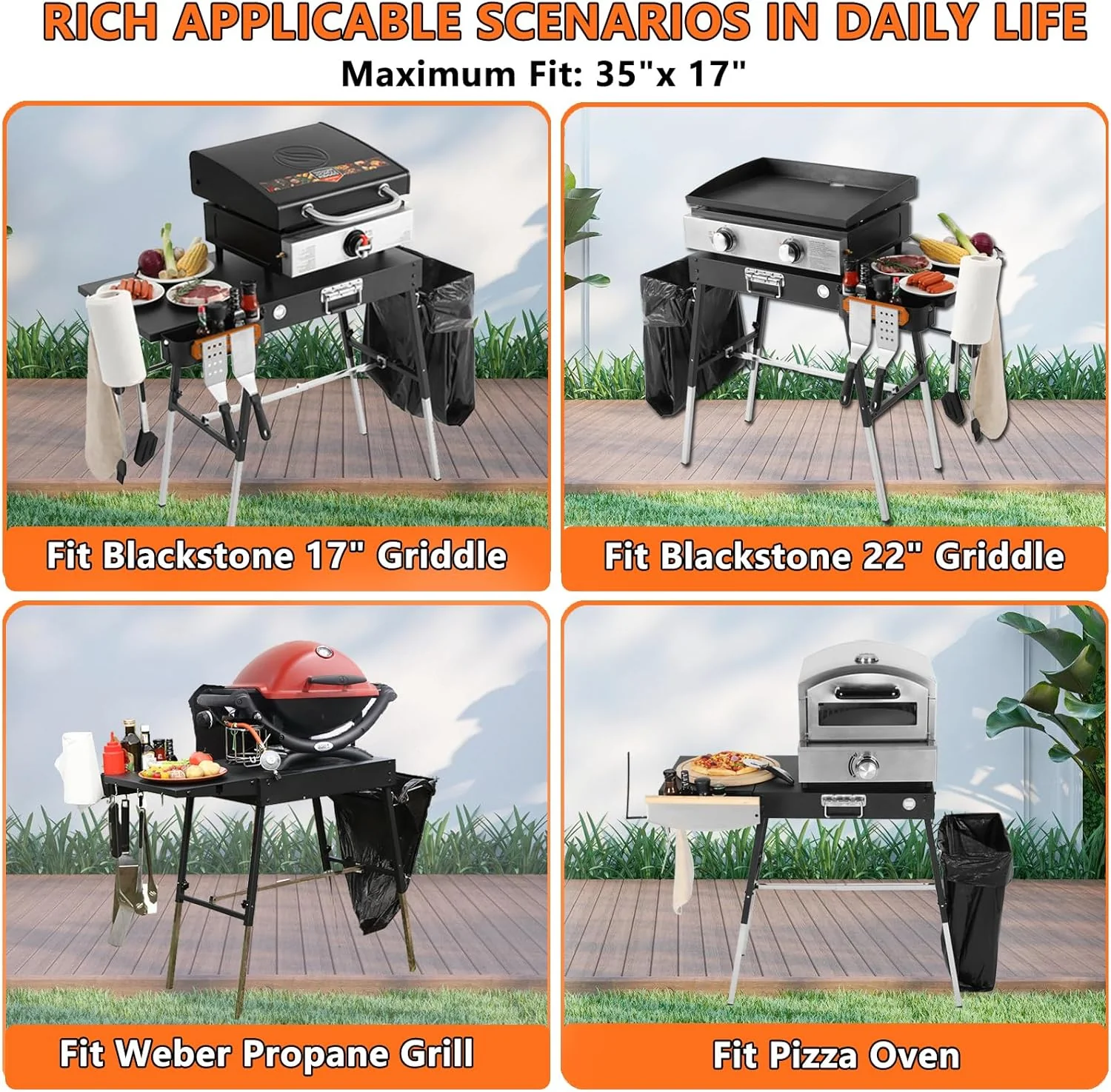 Foldable Portable Grill Table for 17 or 22 inch Griddle - Adjustable Legs, Trash Holder