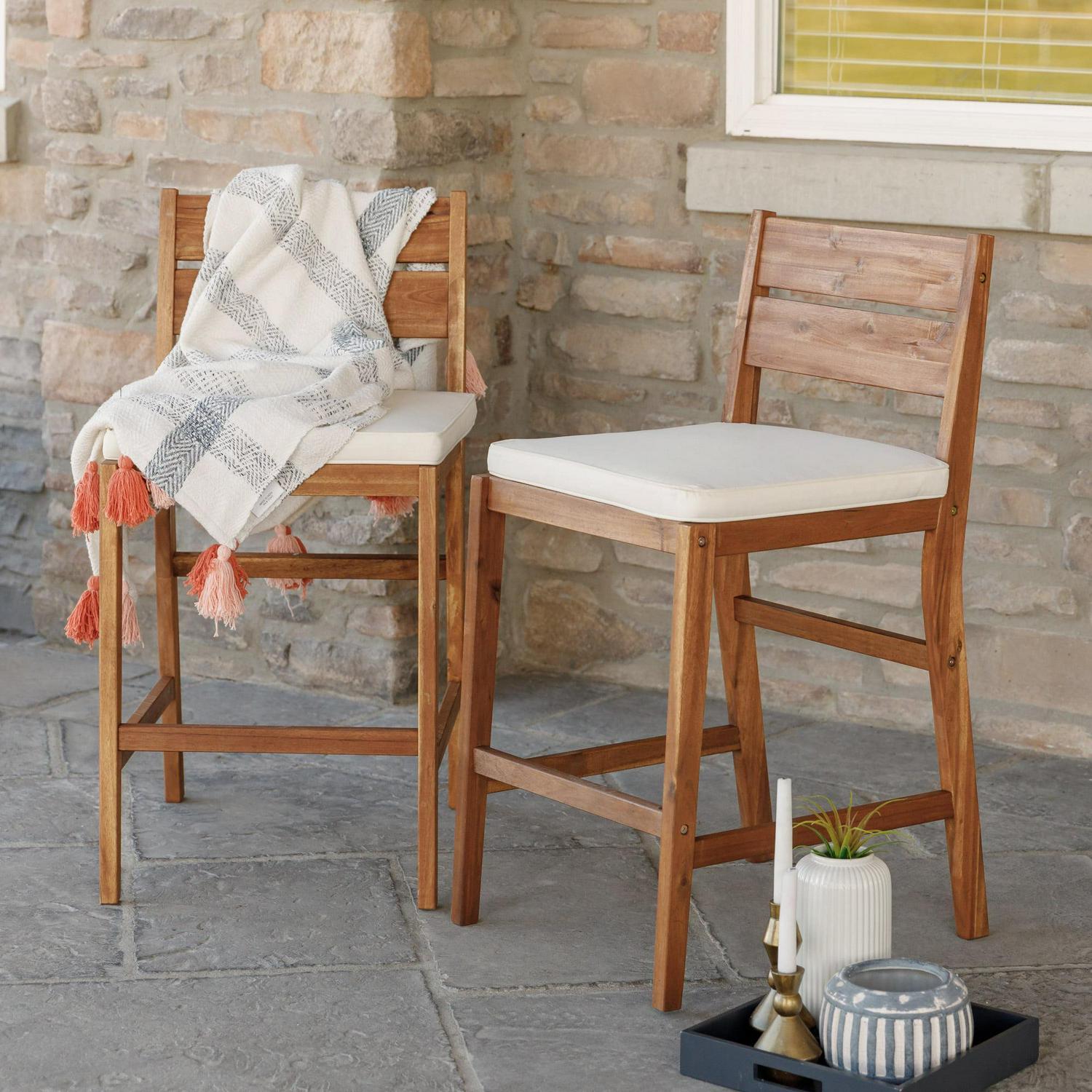 Manor Park Modern Acacia Wood Patio Counter Stools Set of 2, Dark Brown, with Cushions