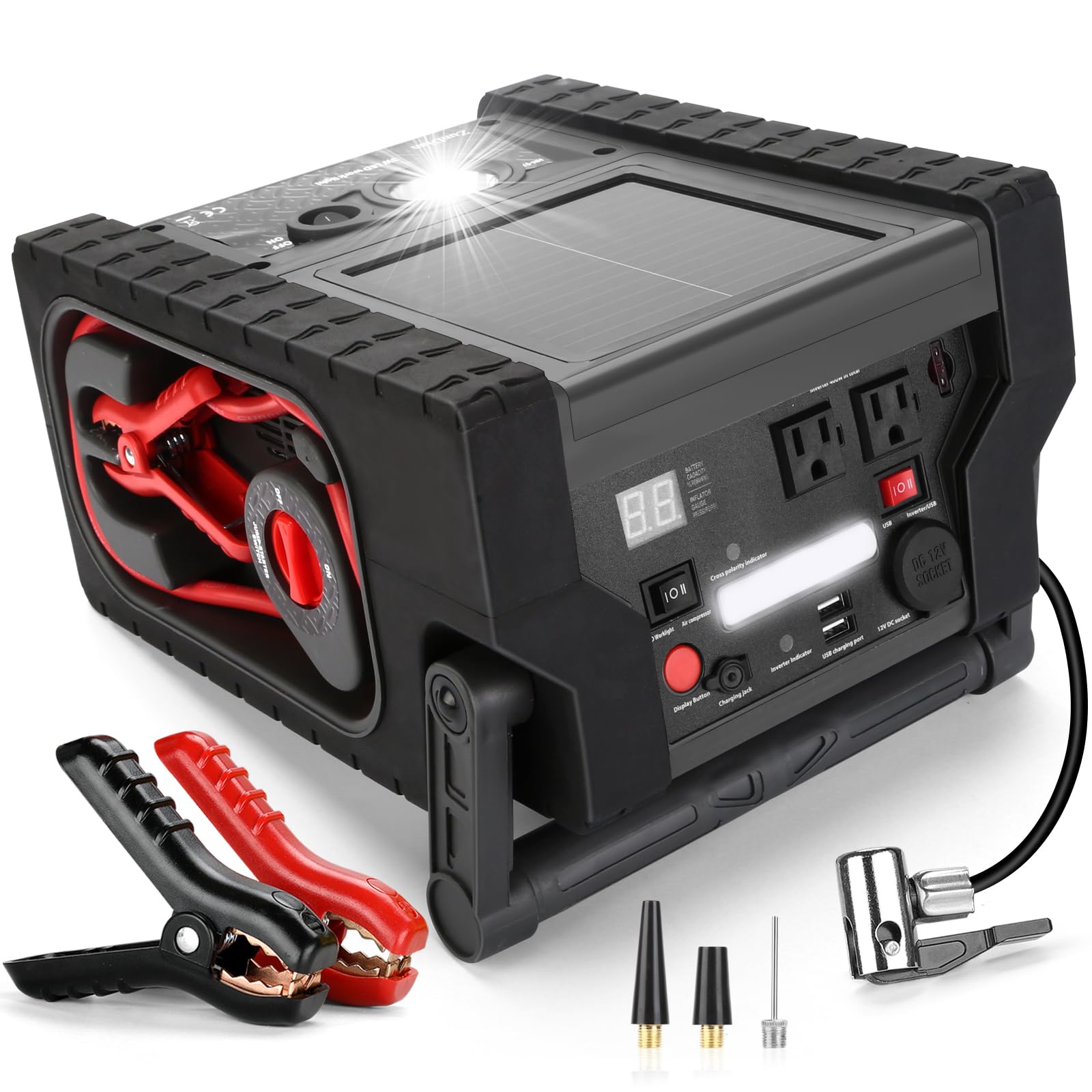 ZunDian ZD-529 Solar Portable Power Station, 22000mAh Jump Starter & 260 PSI Air Compressor with 400W Inverter, AC/DC/USB Outputs