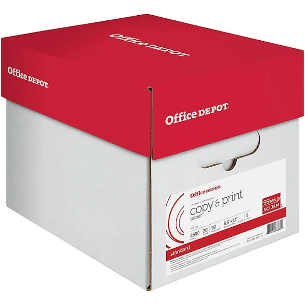 Office Depot Copy Print Paper, 8 1/2in. x 11in., 20 lb, 500 Sheets per Ream, Case of 5 Reams, 851201CS, White