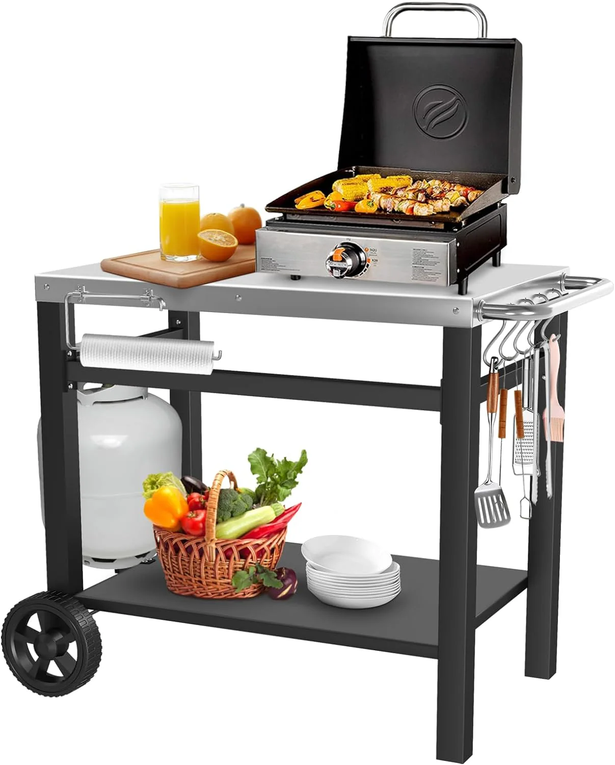 Stainless Steel Outdoor Grill Cart with Three Shelves, Drawer & Foldable Side Table