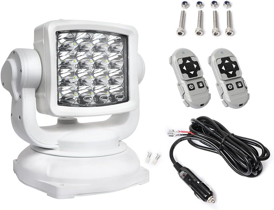 Searchlight Marine Boat Spotlight – 8000 Lumens, Wireless Remote, Magnetic Base, Cigarette Lighter Cable, White