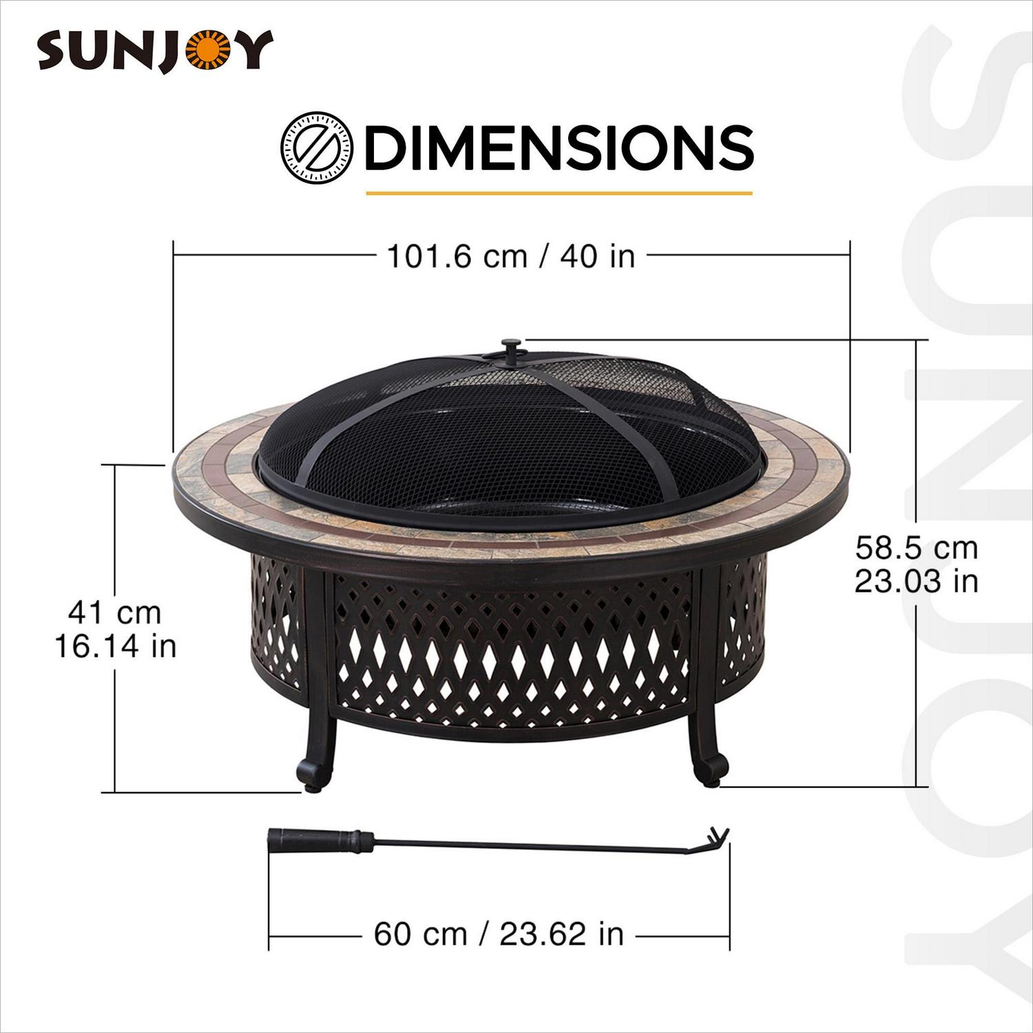 Sunjoy 40′′ Outdoor Fire Pit, Wood Burning, Steel & Tile, Includes Spark Screen & Poker, Round Patio & Backyard Bonfire