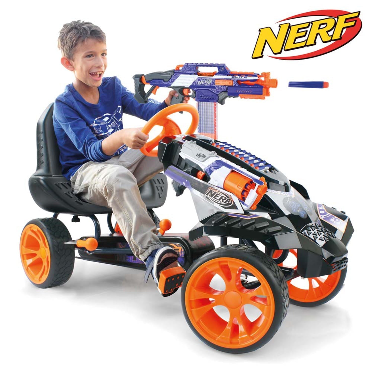 NERF Battle Racer Kids Pedal Go-Kart with NERF Blaster Holders, Adjustable Seat, Handbrake, Multi-color