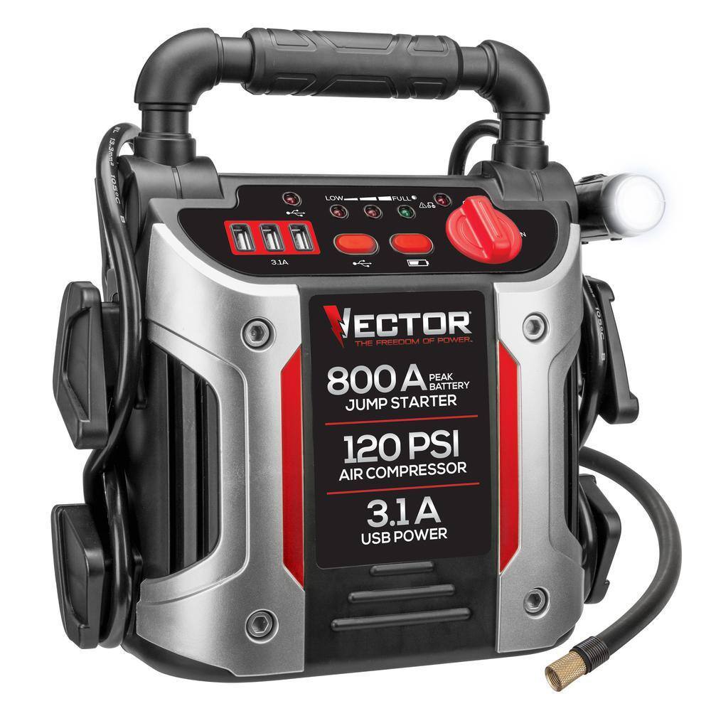 VECTOR Car Jump Starter 800A with 120 PSI Compressor & USB Ports