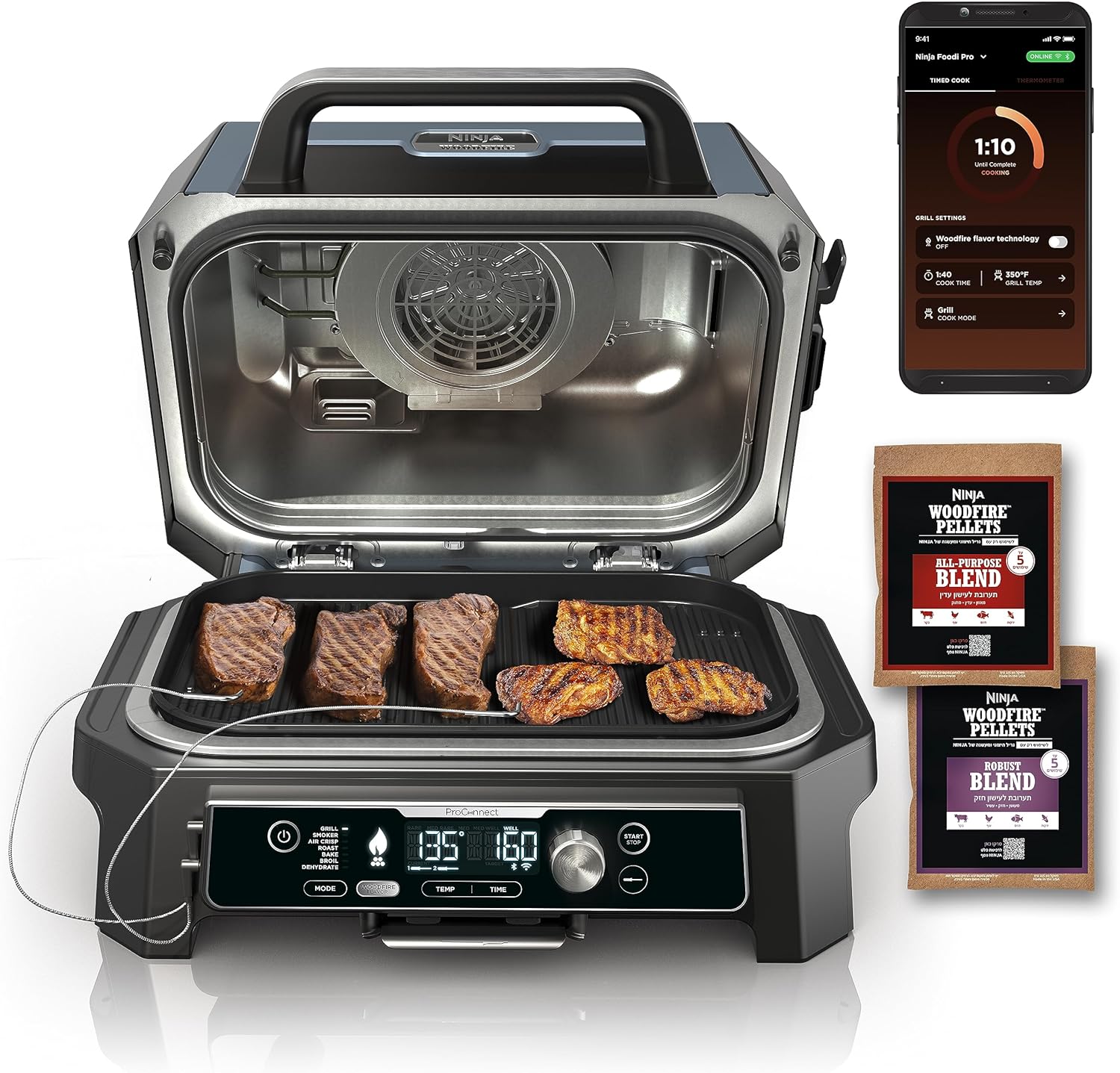 Woodfire Pro Connect XL Grill – Premium 7-in-1 Outdoor BBQ & Smoker, Bluetooth, App Enabled, with Air Fryer & 2 Thermometers, Black