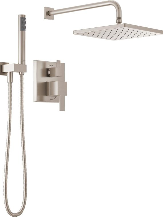 Modern Raincan Square Shower System, 2-Setting, Matte Black, Includes Rain Shower Head & Handheld Spray, Stainless Valve Trim Kit