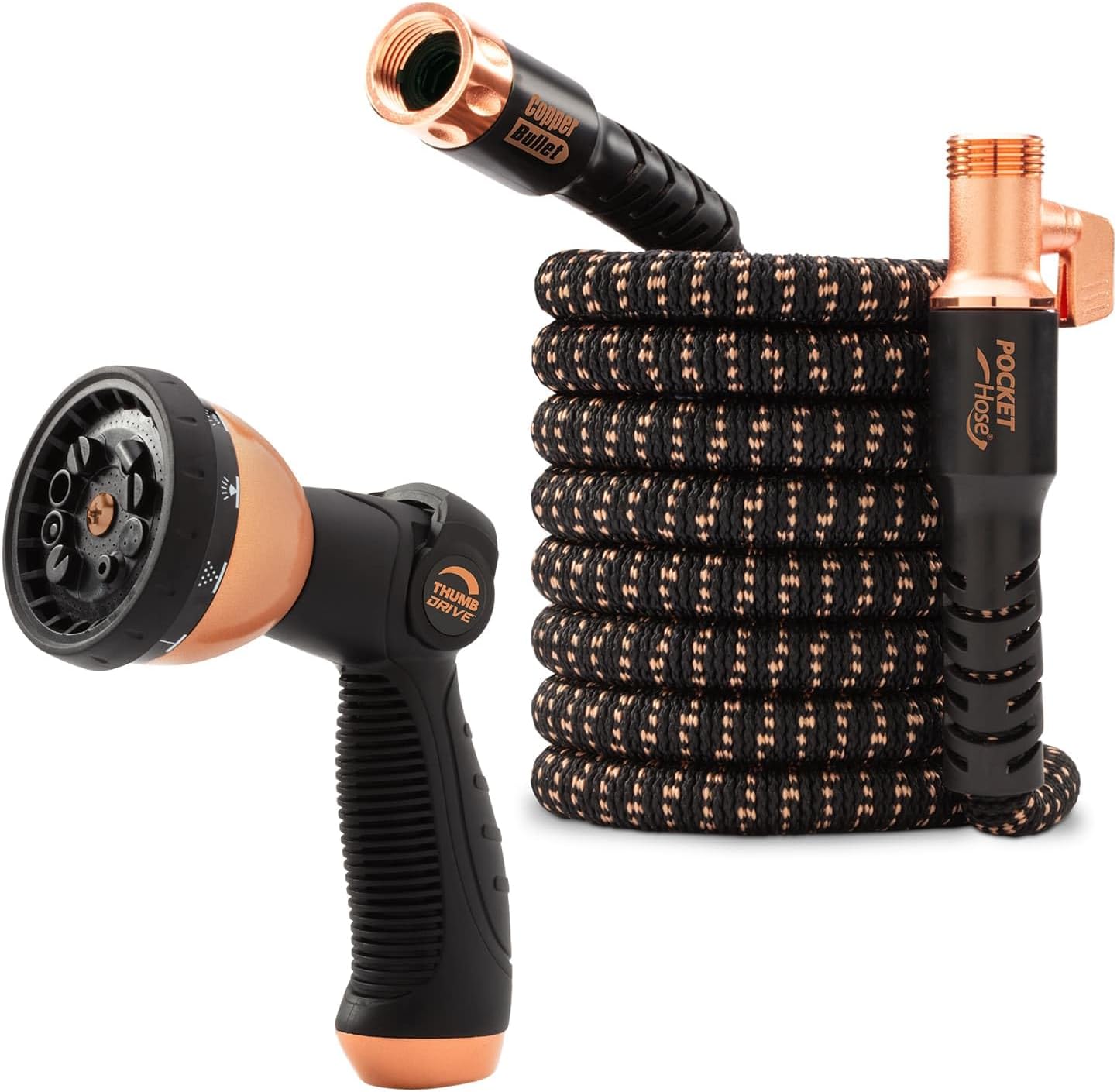Pocket Hose Copper Bullet 50FT Expandable Garden Hose with 10-Pattern Nozzle, Lead-Free, No-Kink, Ultra-Lightweight, 3/4′′ Copper Fittings
