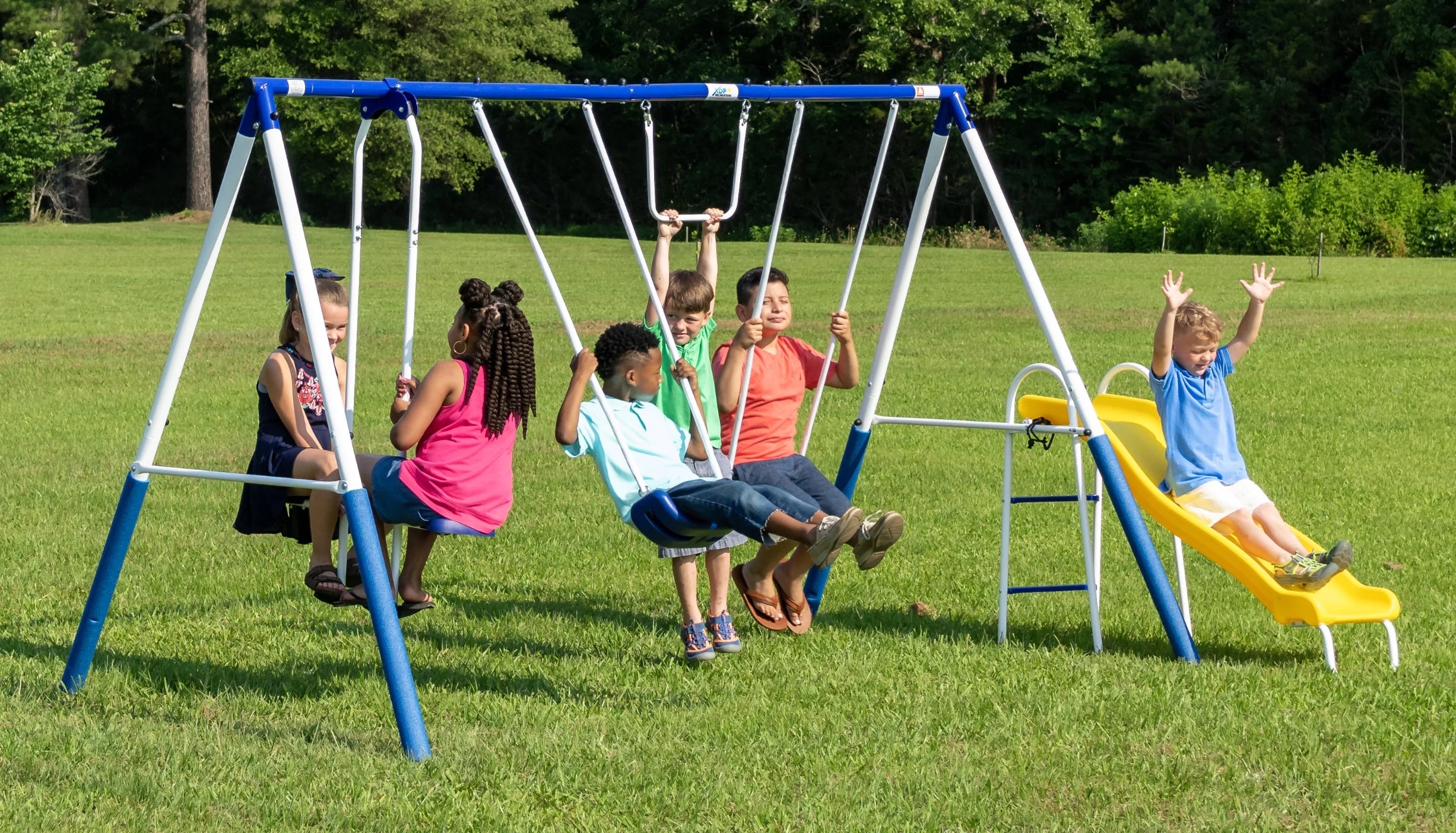 XDP Recreation Play All Day Metal Swing Set with Glider, Bench Swings, Trapeze & Wave Slide for Kids