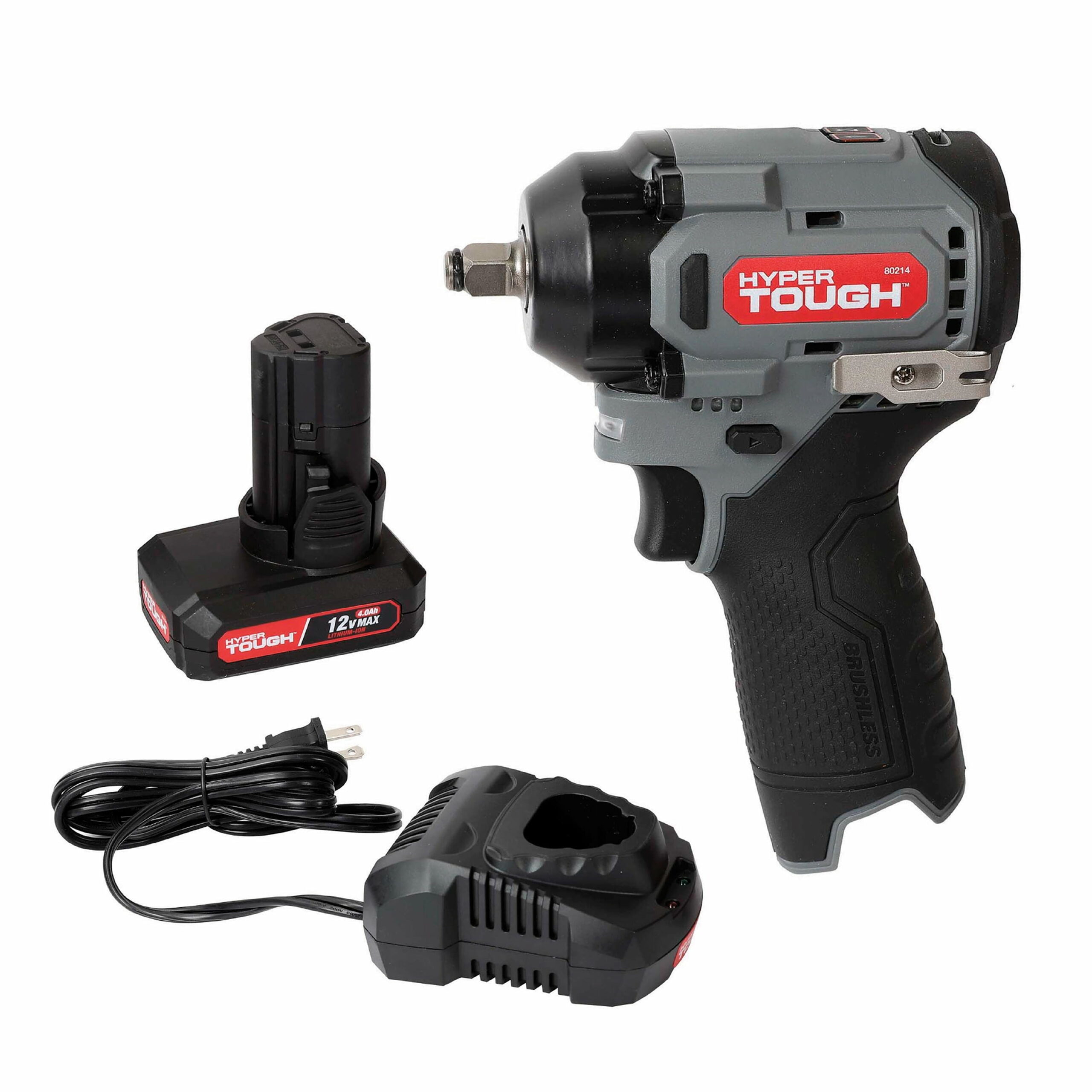Hyper Tough 12V Cordless Brushless Impact Wrench, 225 ft-lbs Torque, 4.0Ah Battery & Charger Included, 3/8′′ Drive