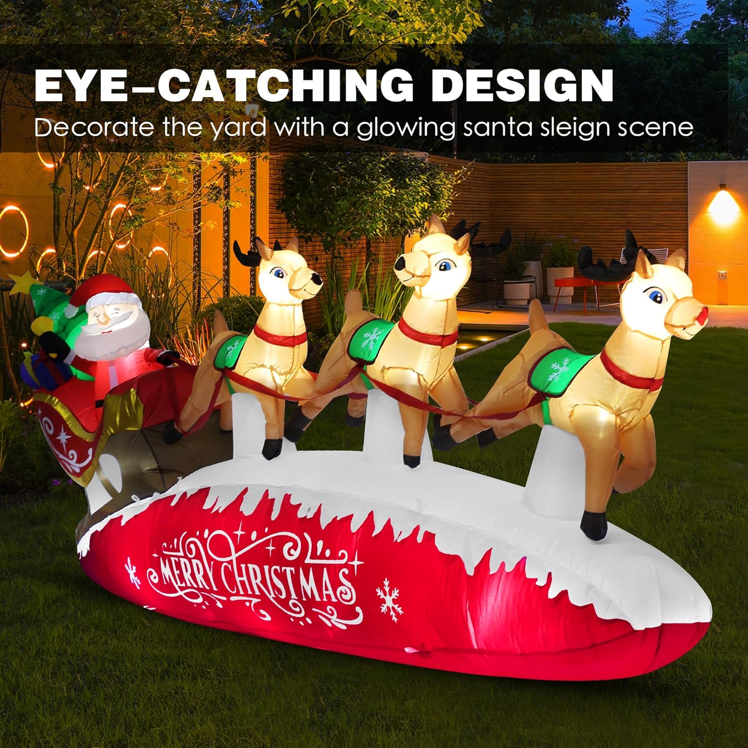 Funflatable 10 FT Red Santa Sleigh with Reindeer Inflatable Christmas Yard Decoration, Lighted & Weather Resistant