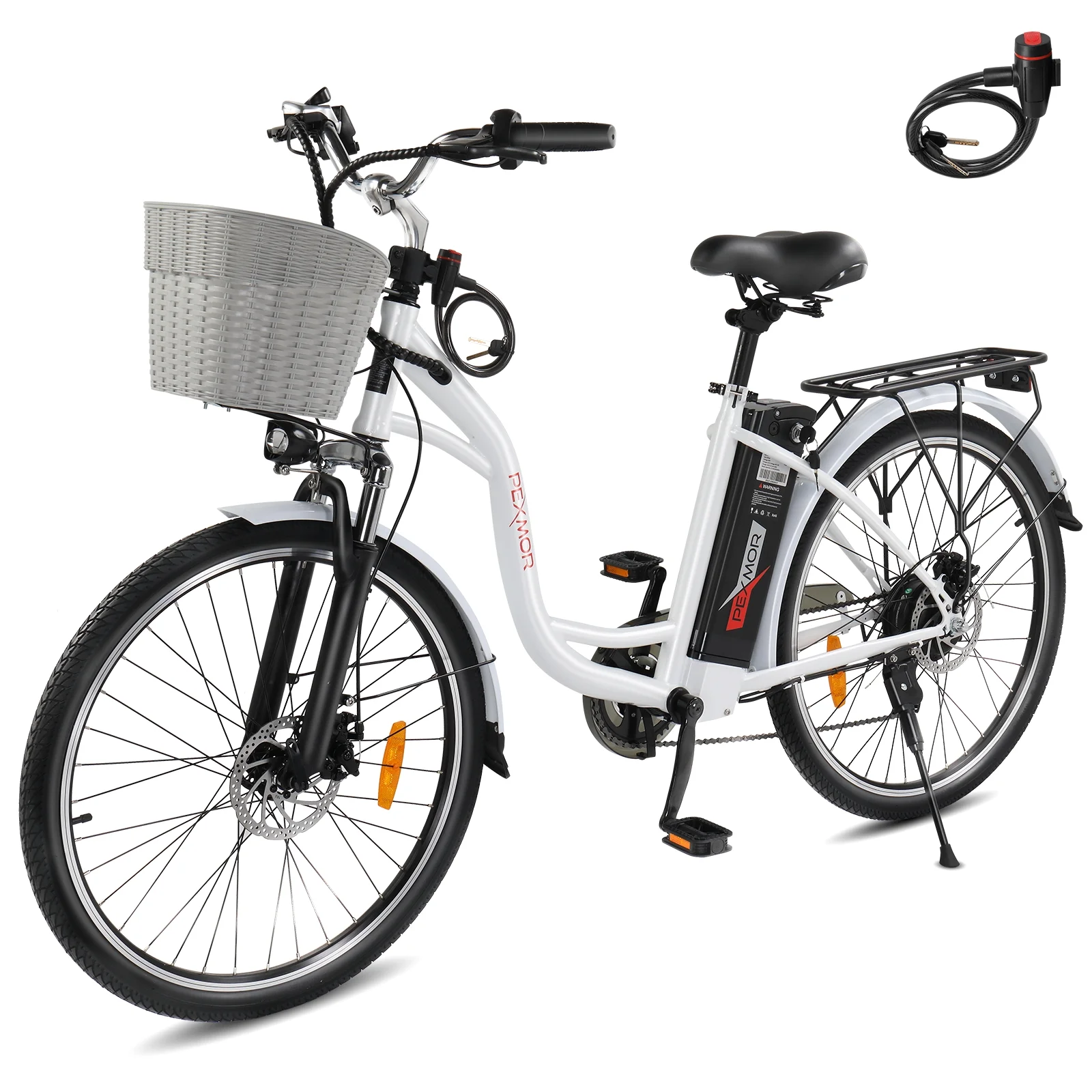 PEXMOR 350W Electric Commuter Bike for Adults, 26′′ Cruiser Ebike with 36V 12.5AH Removable Battery, Shimano 6-Speed, Dual Shock Absorber, Basket