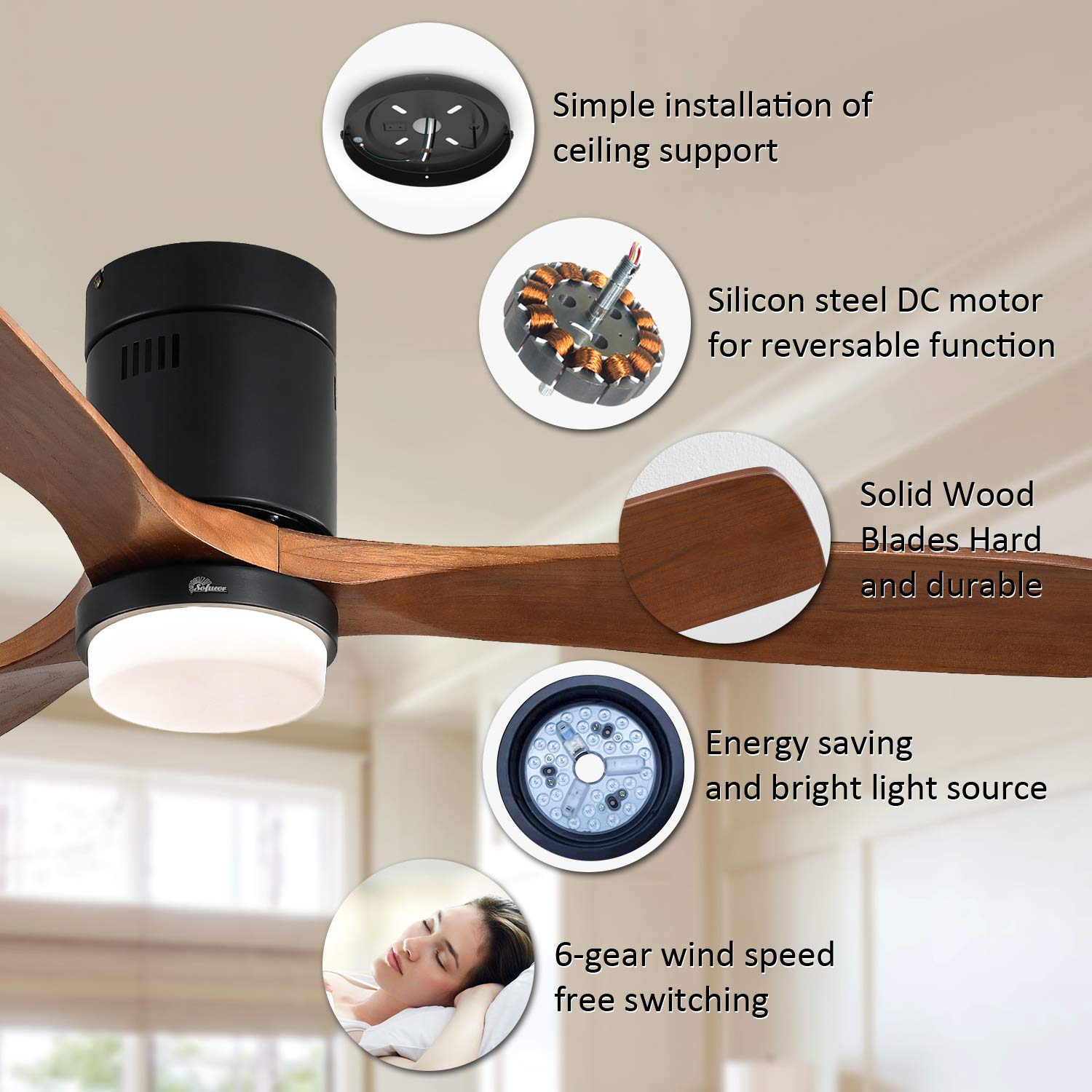 Sofucor 52′′ Low Profile Ceiling Fan, 3 Walnut Wood Blades, Remote Control, Quiet DC Motor, ETL Certified