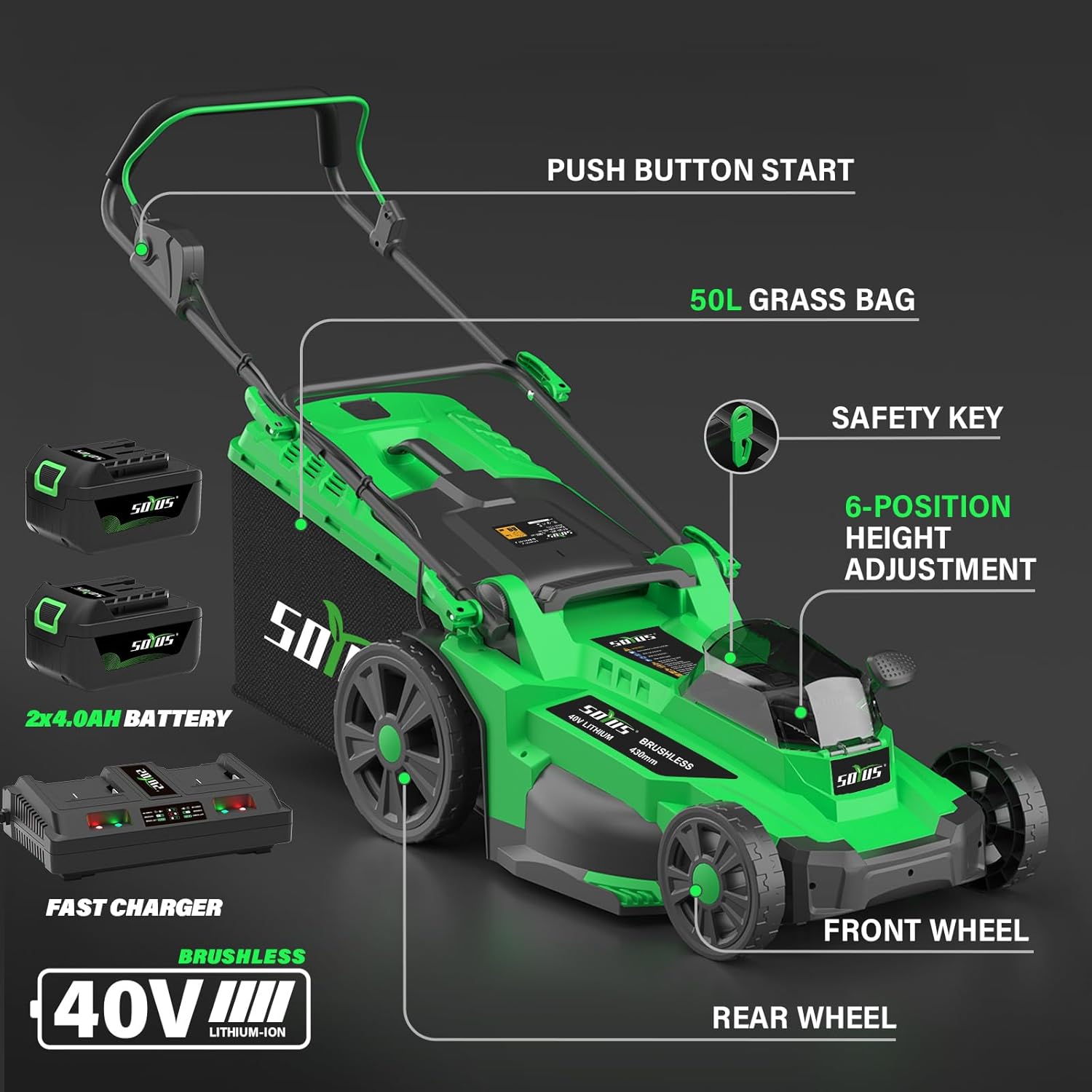 GreenTech 13-Inch Cordless Electric Lawn Mower, 20V Brushless Motor, 5-Position Height, 4.0Ah Battery & Charger Included
