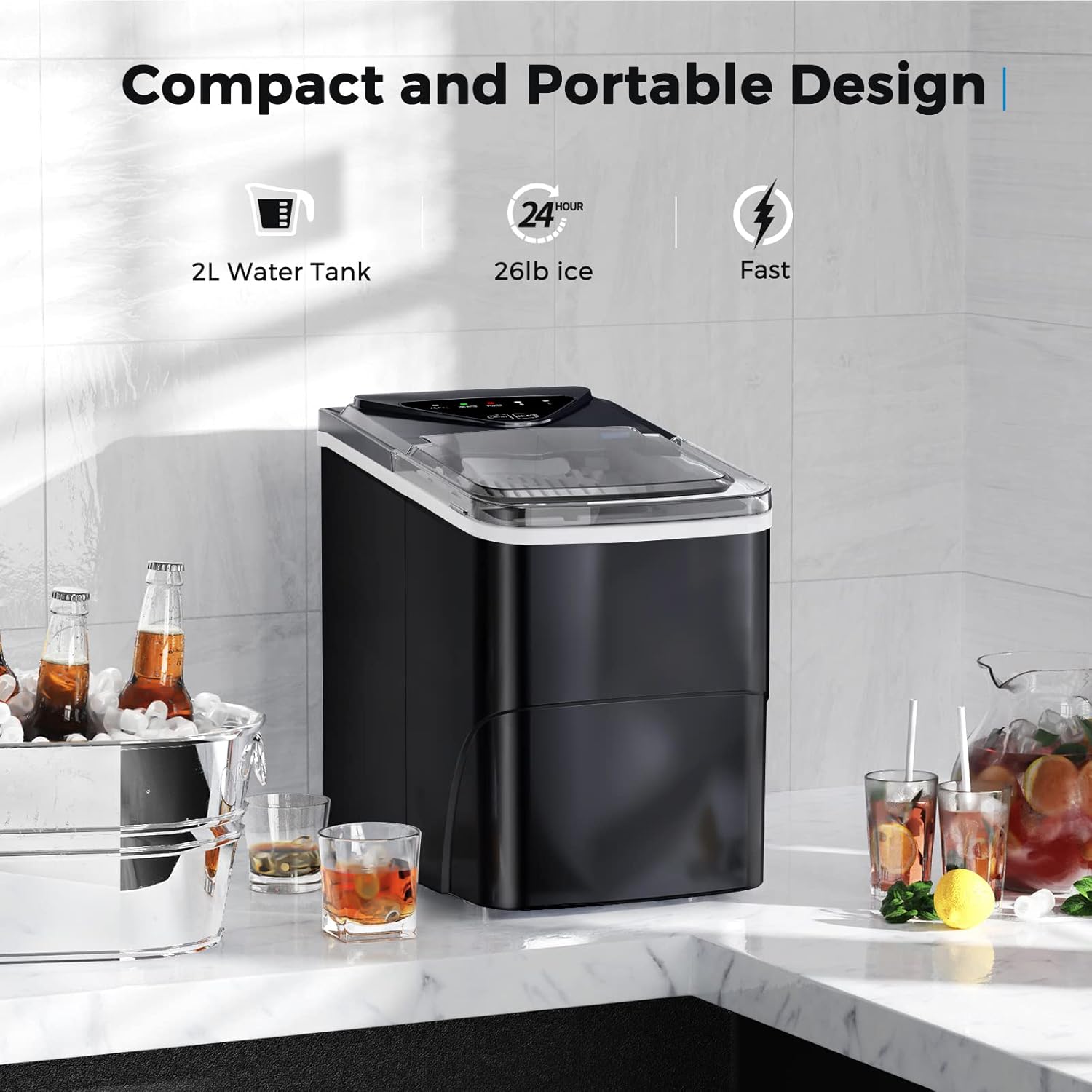 Brand Portable Self-Cleaning Countertop Ice Maker, 9 Bullet Ice Cubes in 6 Mins, 26 lbs/Day, Quiet & Compact with Ice Scoop, Black