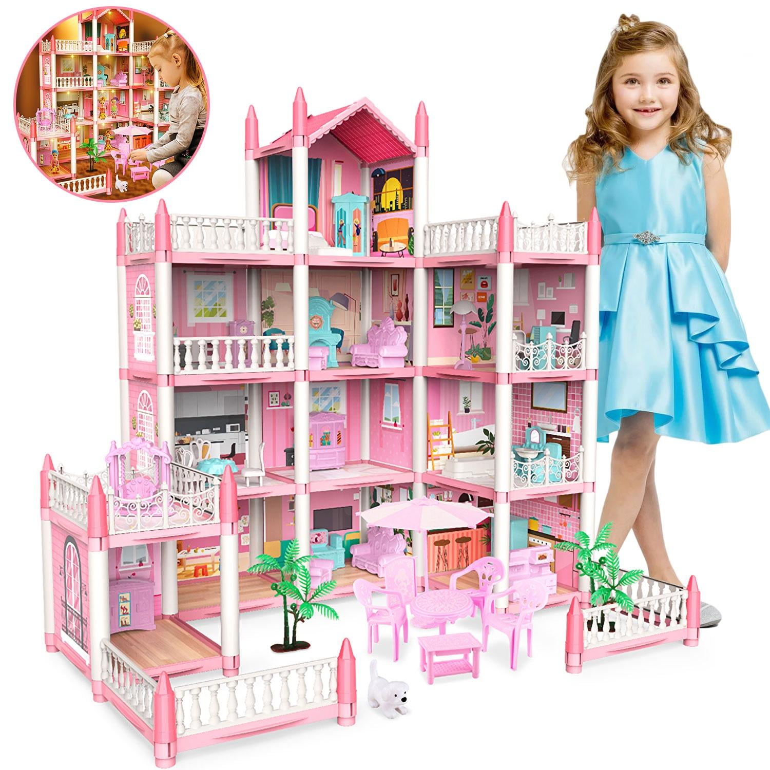 Kid Odyssey Princess Dollhouse with 4 Dolls, 11 Rooms, LED Lights, DIY Gift for Girls 3+, Pink