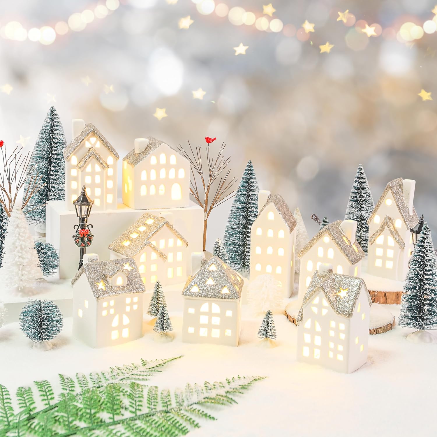 Spdmhyo Ceramic Christmas Village Set, 29-Piece with LED Lights, Porcelain Houses, Trees & Street Lamps, Tabletop Decoration