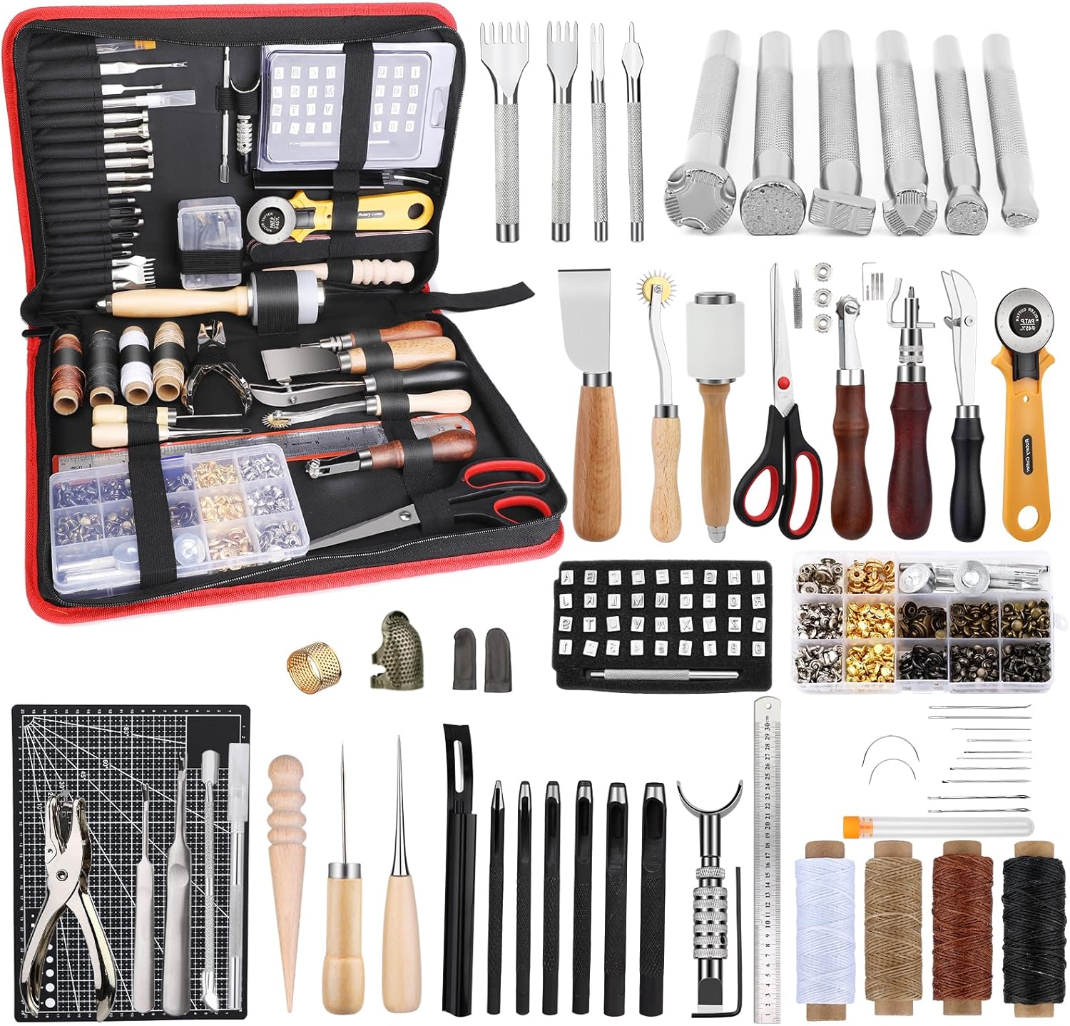 XXL Leather Tooling Kit – Professional Leather Craft Tools for Handbag Making: Cutting Mats, Engraving, Punching, Sewing, Stamping, Sanding