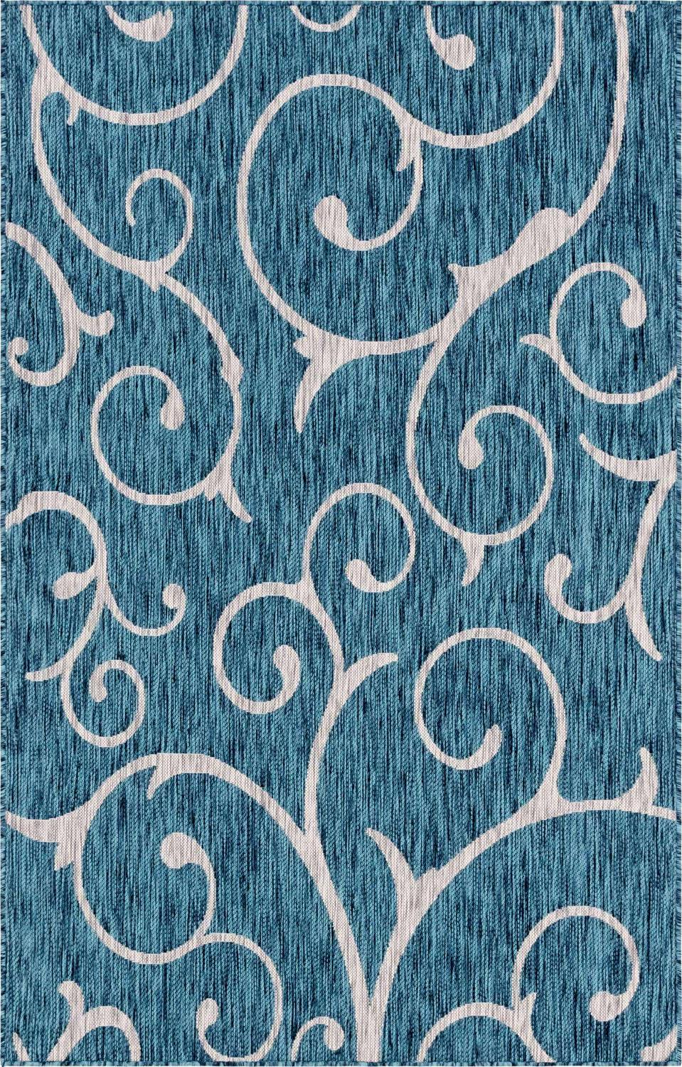 Unique Loom Botanical Indoor/Outdoor Rug, Teal/Ivory, 5′ x 8′ Rectangle, Polypropylene, Damask Pattern
