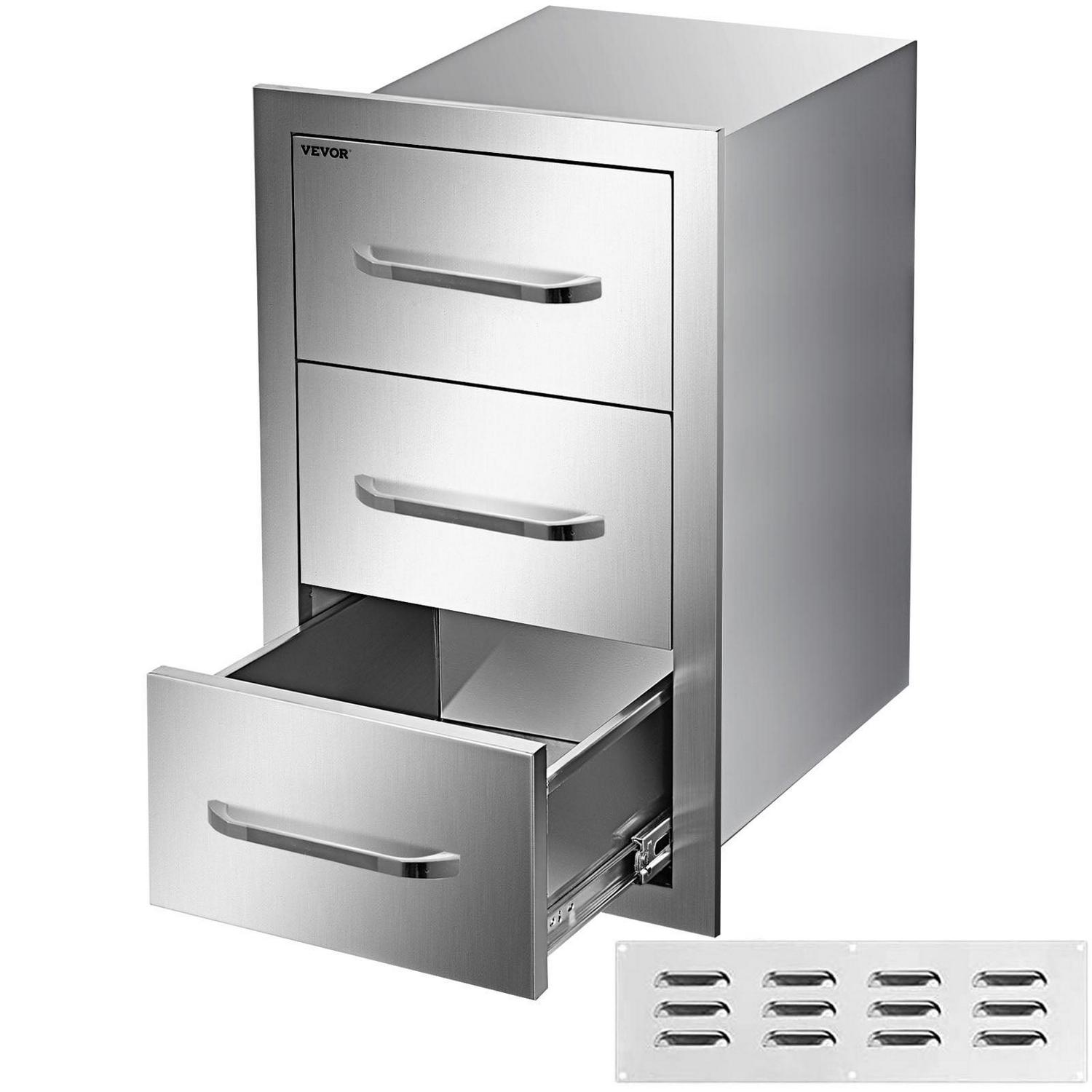 VEVOR Stainless Steel Outdoor Kitchen Drawers, 16′′x21.5′′x18′′, Triple Access BBQ Island Storage, Weatherproof & Durable