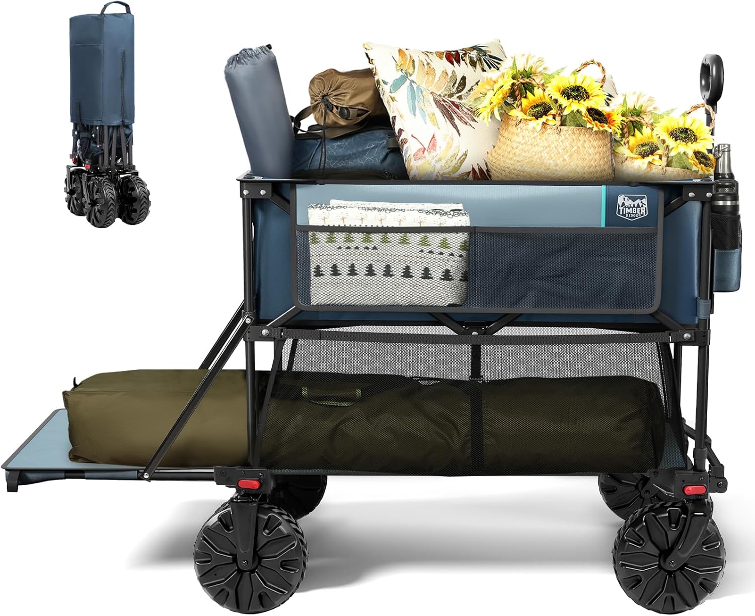 Brand Folding Wagon 400L Large Capacity Double Decker Cart, 450lbs Heavy Duty, All-Terrain Wheels, Green-Blue