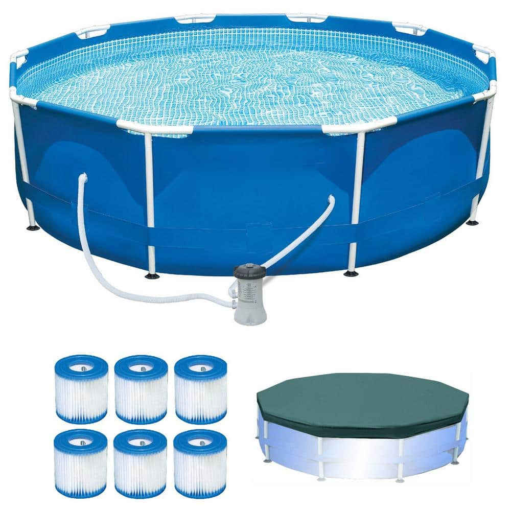 INTEX 10 ft. x 10 ft. Round 30 in. Deep Metal Frame Pool w/ Pump & Type H Filters (6 Pack) & 10′ Round Pool Cover 6 x 29007E + 28201EH + 28030E