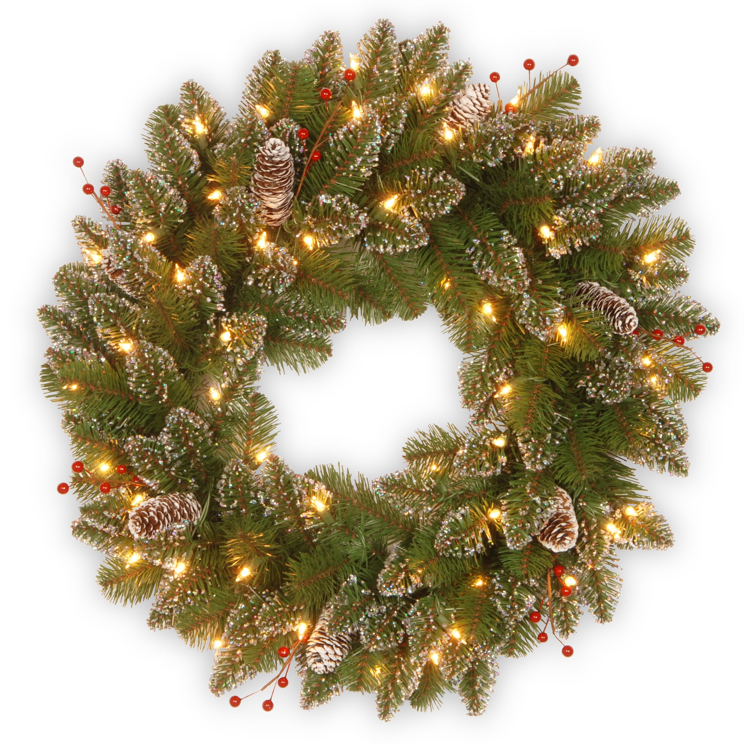 National Tree Company 24′′ Glittery Mountain Spruce Wreath with LED Lights, Pine Cones & Red Berries, Indoor/Outdoor Use