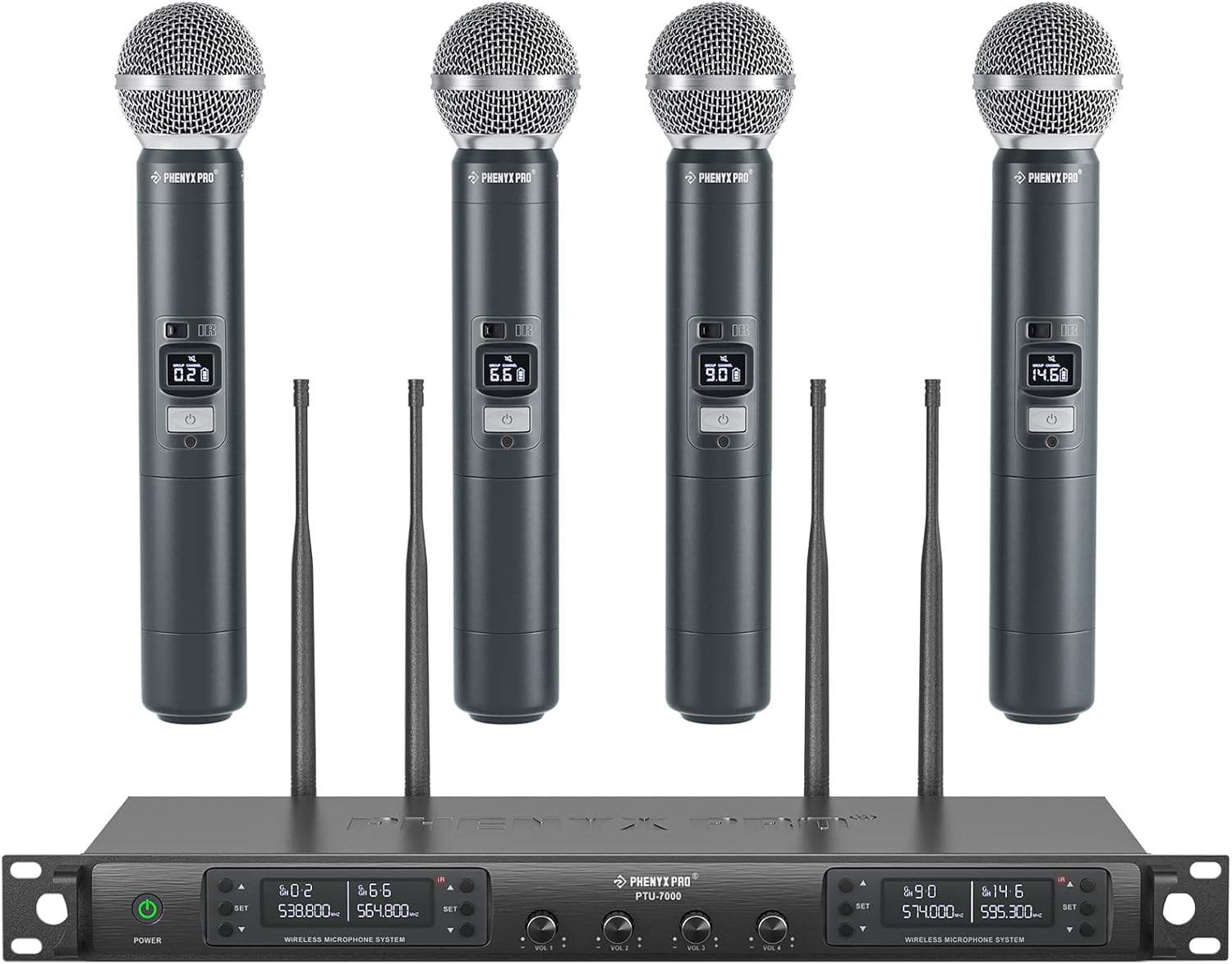 TONOR PTU-7000A Quad Channel Wireless Microphone System, 4 Handheld Dynamic Mics, 328ft Range, Auto Scan, Ideal for Singing, Church, Karaoke