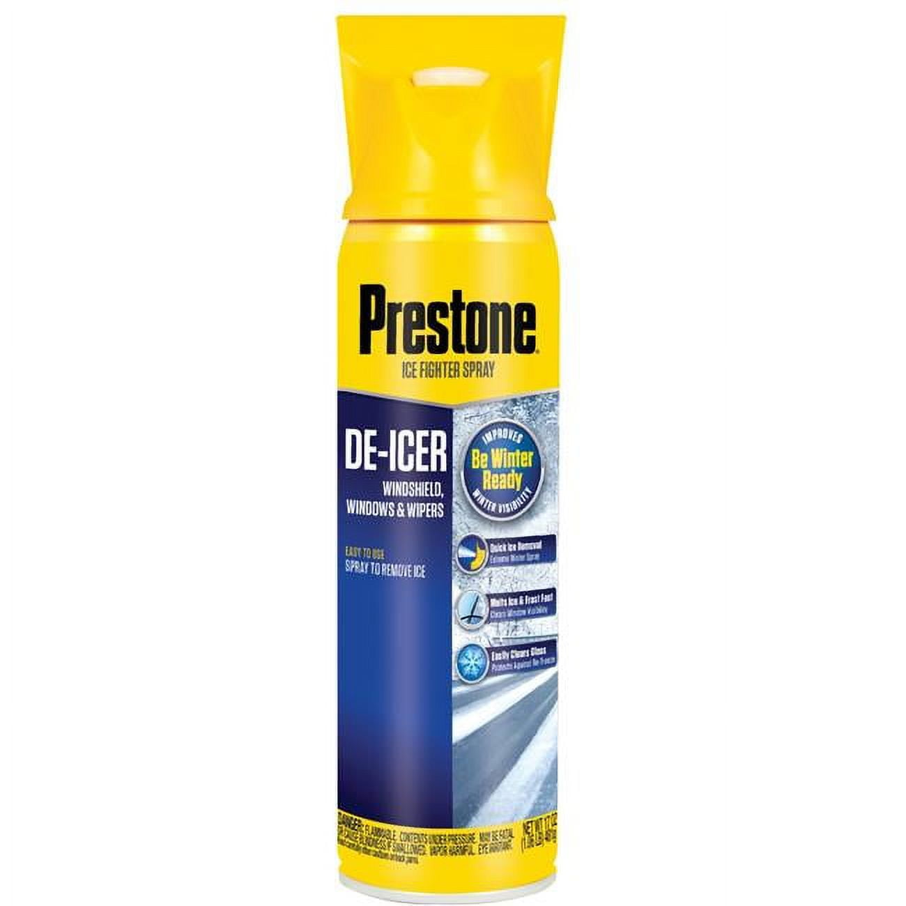 Prestone Windshield De-Icer Spray with Ice Scraper, 17 oz – Fast Ice Melting, Anti-Refreeze, Safe for Glass & Paint