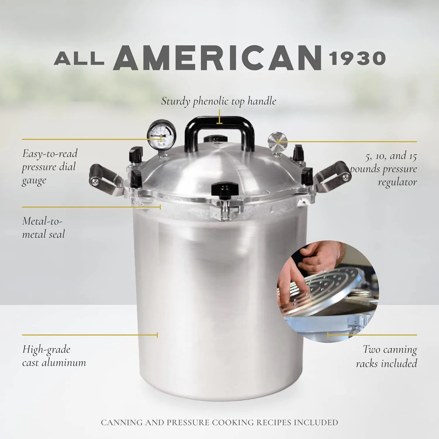 All American 1930 Pressure Cooker Canner, 21.5qt, Metal-to-Metal Seal, Aluminum, Gas/Electric Compatible, Made in USA