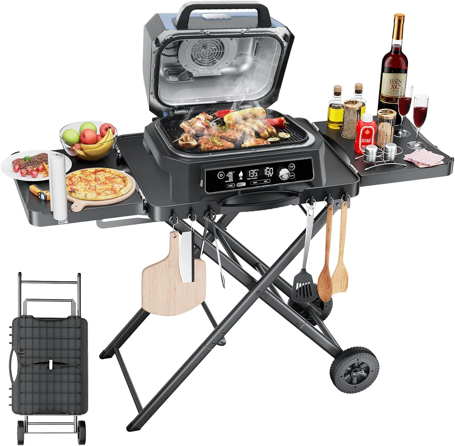 Portable Grill Cart for Outdoor Grills - Large Space Collapsible Stand with Side Shelf