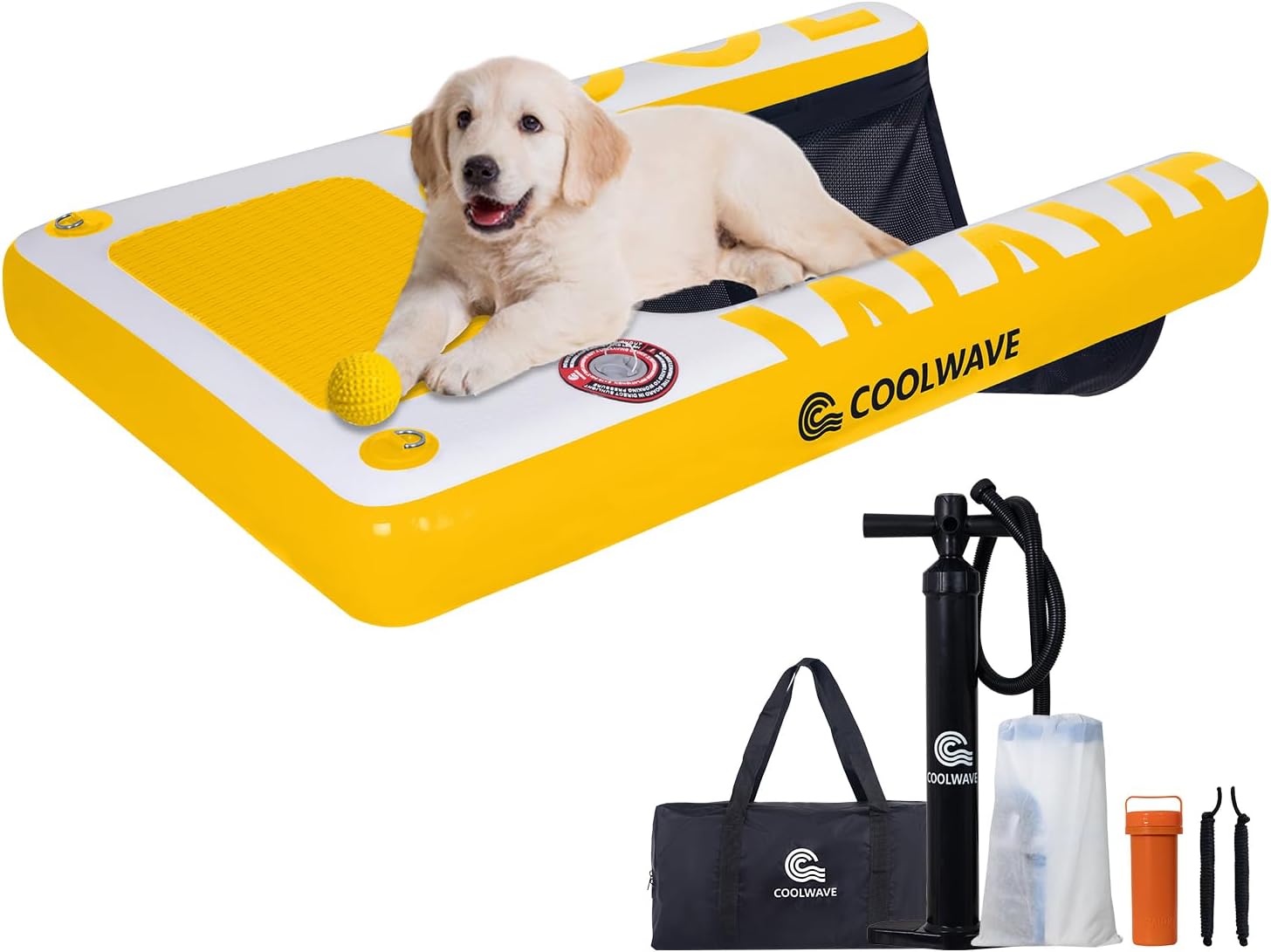 Pawsome Extra Large Inflatable Dog Water Ramp, Yellow, 57′′x34′′x6′′, Non-Slip, Supports Dogs Up to 200lbs, Ideal for Boats