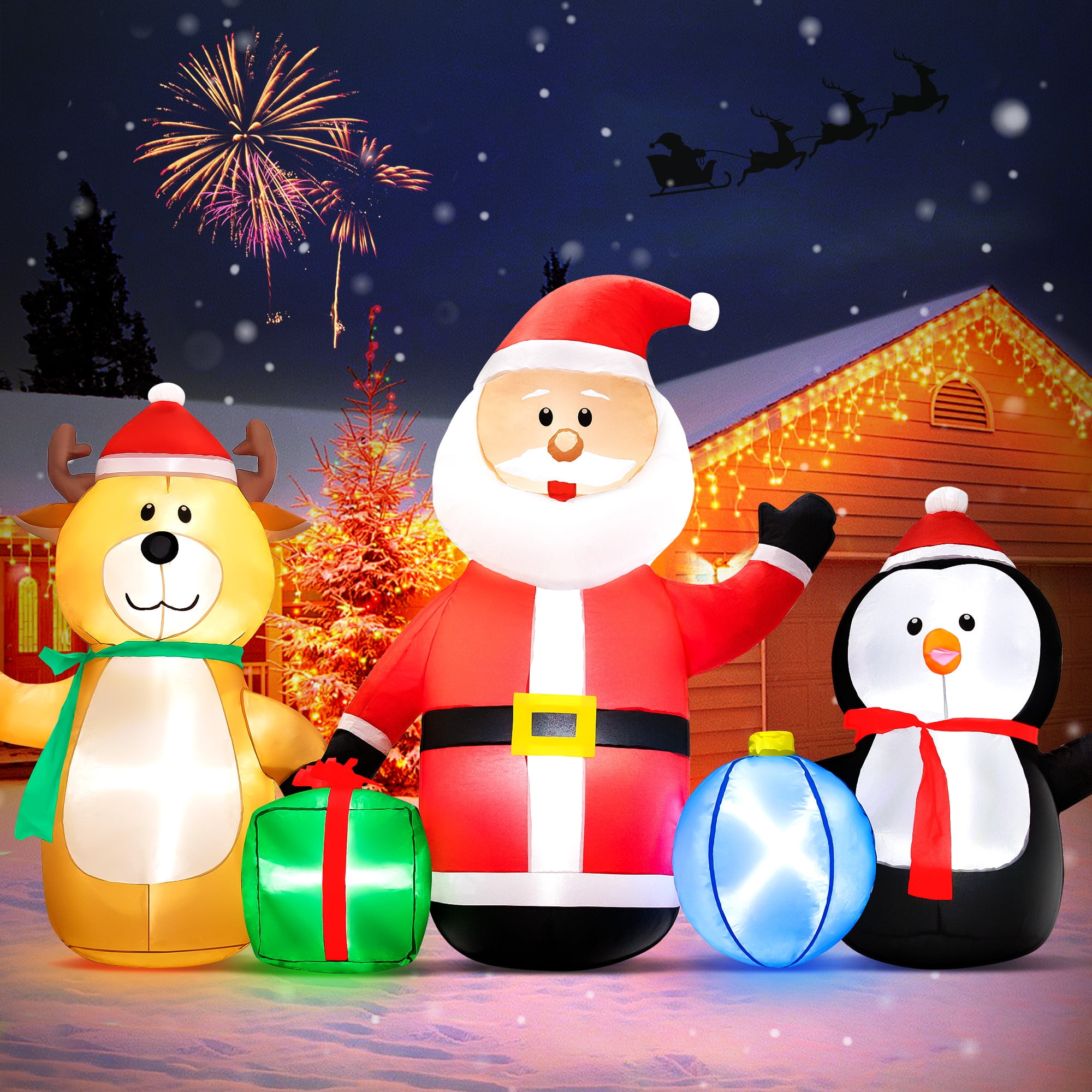Vrilay 7.3ft Christmas Inflatable Santa Elk Penguin with LED Lights, Waterproof Yard Decoration