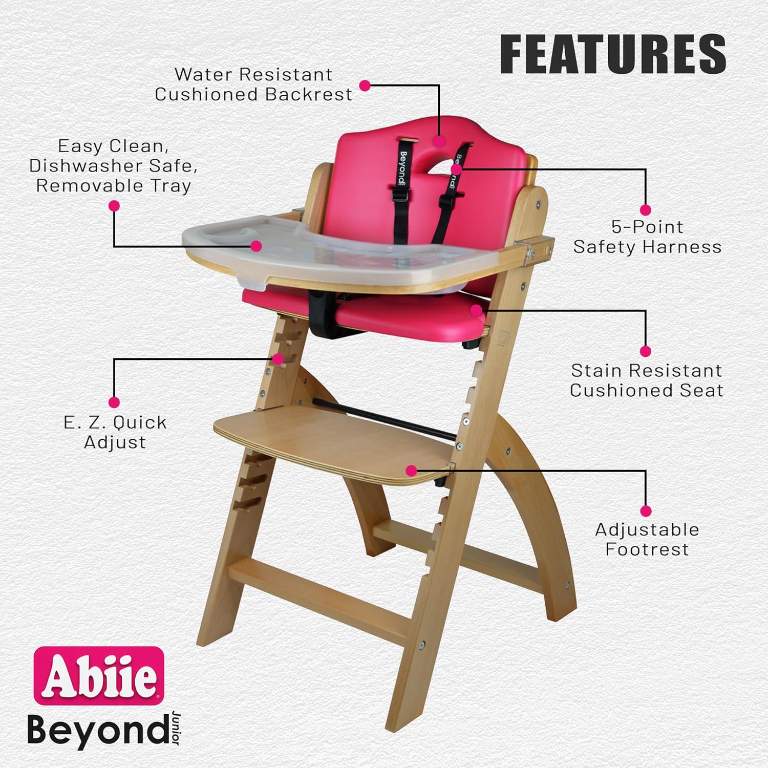 Abiie Beyond Junior High Chair, Natural Wood with Dove Grey Cushion, Adjustable, Stain & Water Resistant, Supports Up to 250 lbs