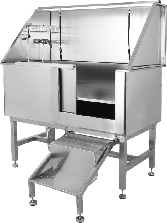 Professional Stainless Steel Dog Grooming Tub with Ramp, Faucet & Sprayer – 50” Pet Wash Station