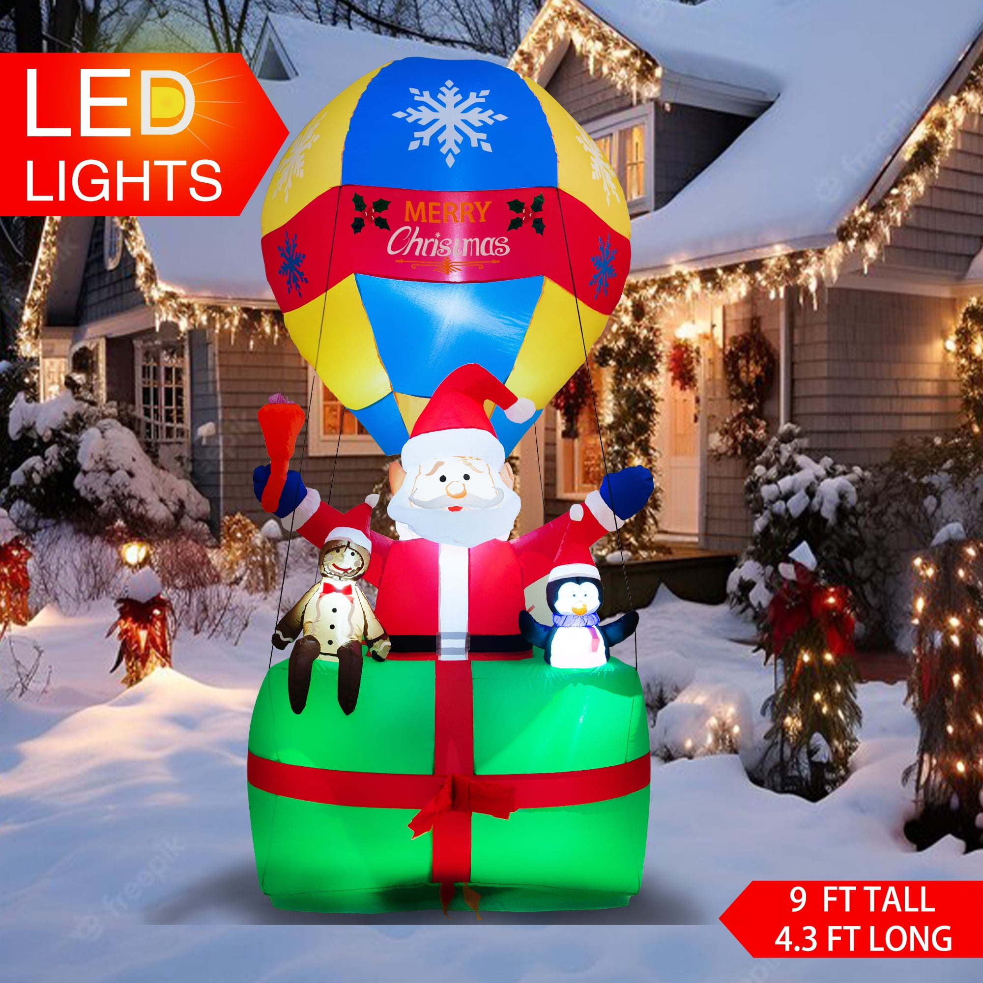 Yexmas 9FT Inflatable Santa Claus in Hot Air Balloon with LED Lights – Christmas Yard Decoration