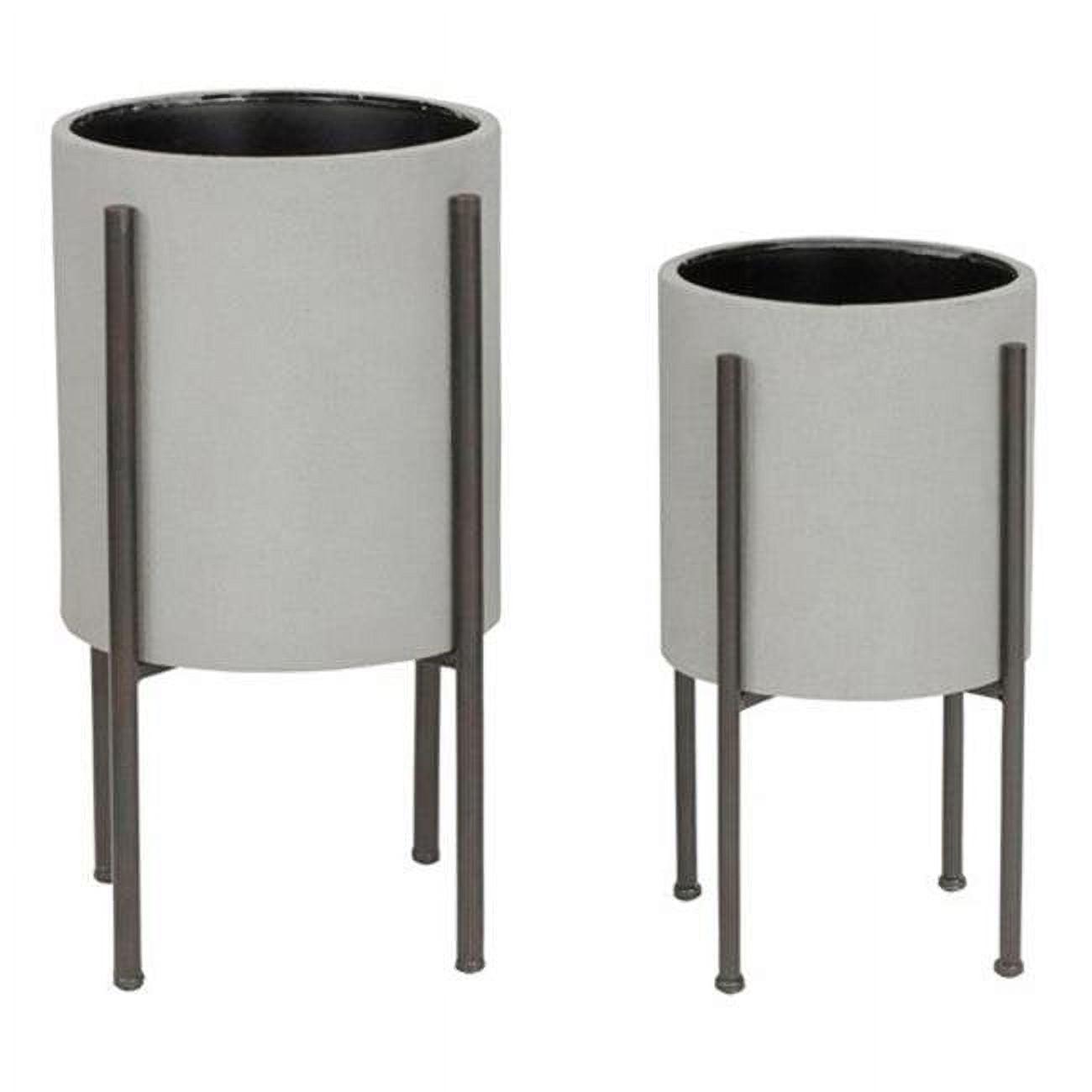 Tania Mid Century Modern Iron Indoor Planters with Stands, Set of 2, Light Gray Stucco Finish